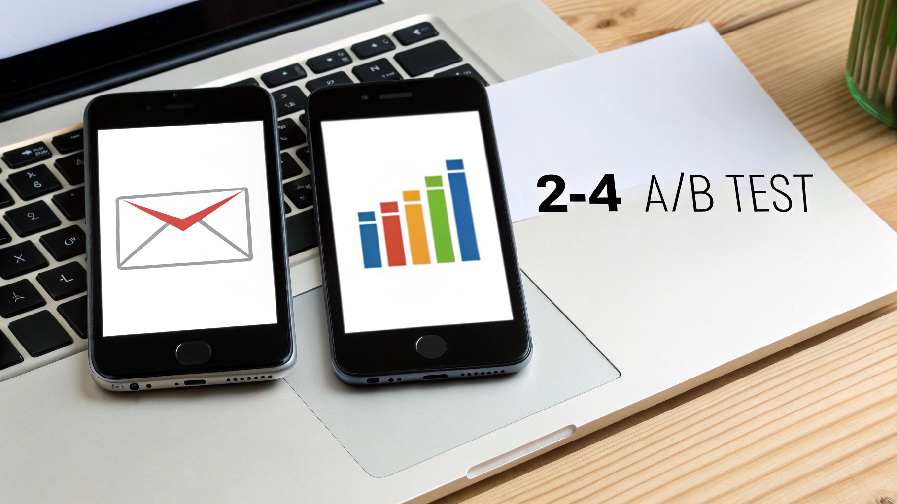 Two smartphones on a laptop, displaying email and bar chart icons, illustrating an A/B test.