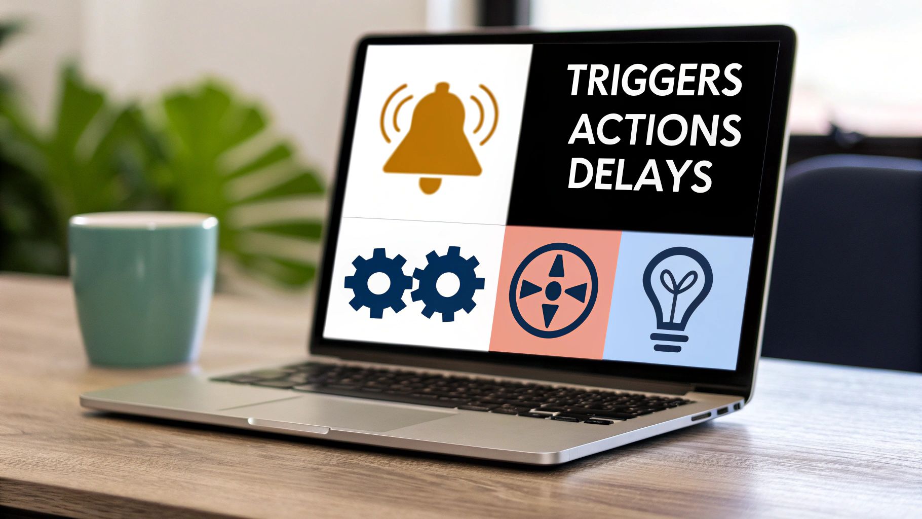 Laptop screen displaying a visual representation of marketing automation with triggers, actions, and delays.