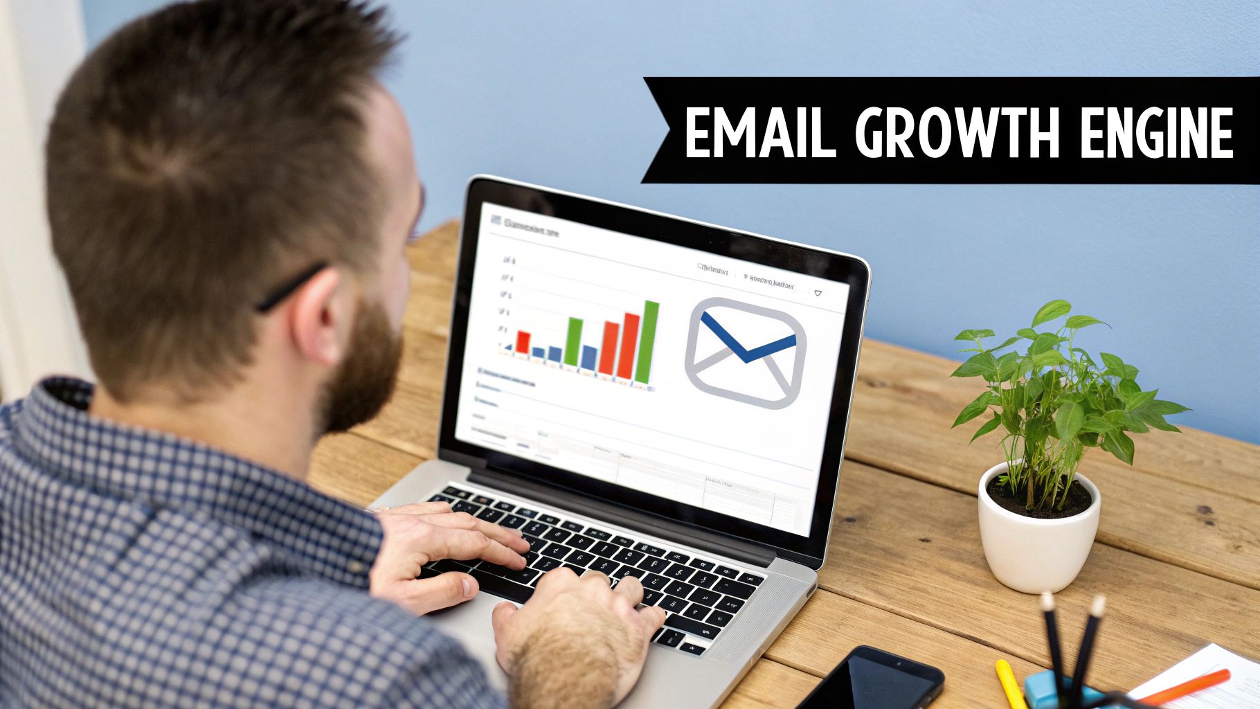 Man viewing laptop screen displaying email growth analytics, bar charts, and an email icon.