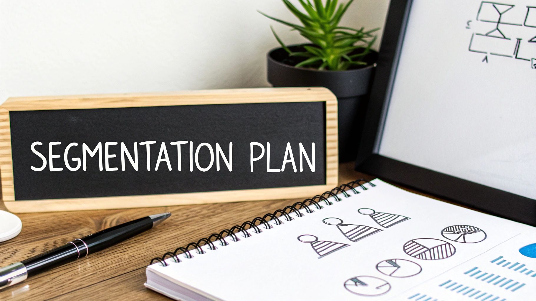 A chalkboard displaying 'SEGMENTATION PLAN' next to a notebook with business charts and a pen.