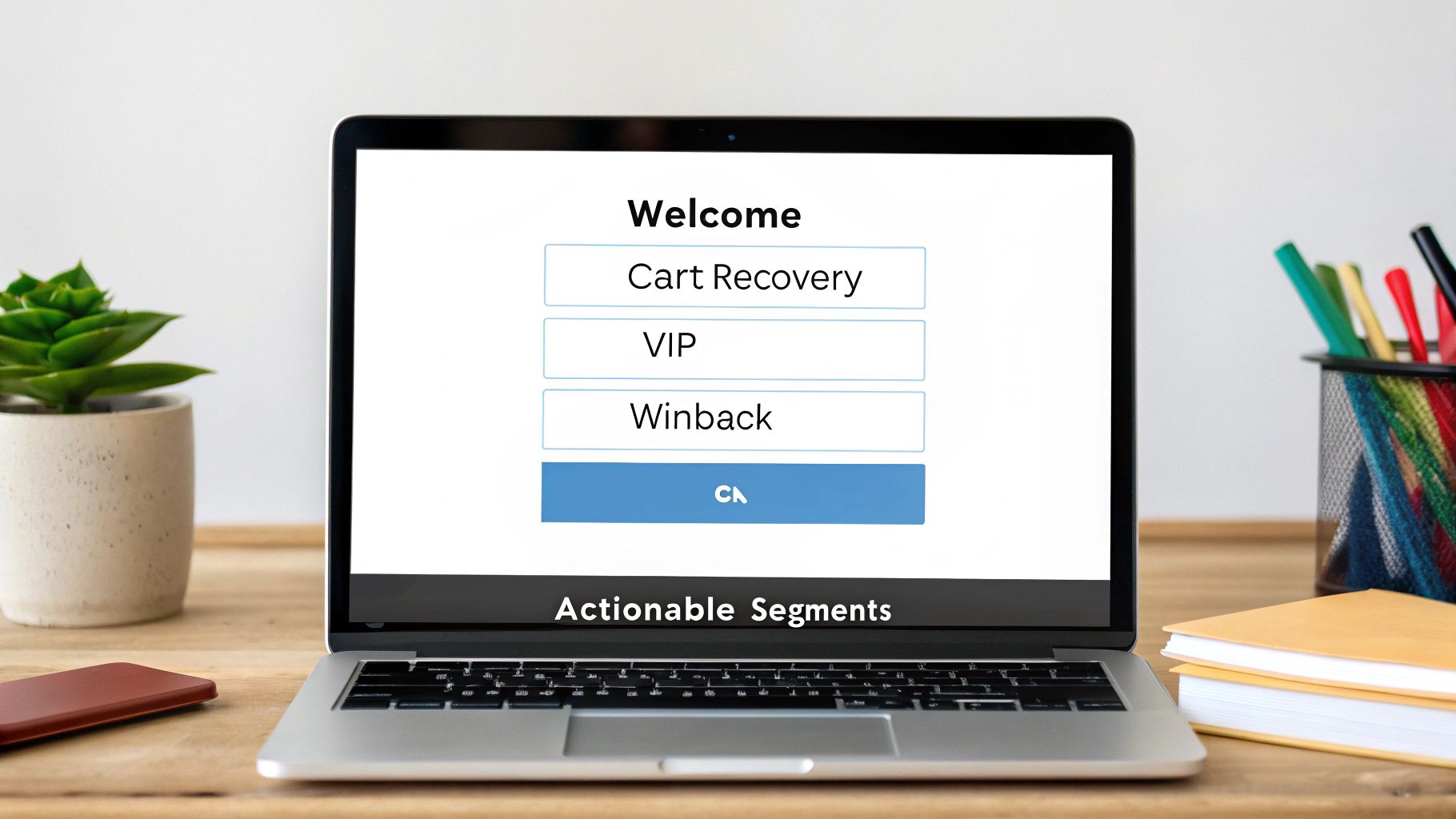 A laptop screen displaying a menu with 'Welcome', 'Cart Recovery', 'VIP', 'Winback', and 'Actionable Segments'.