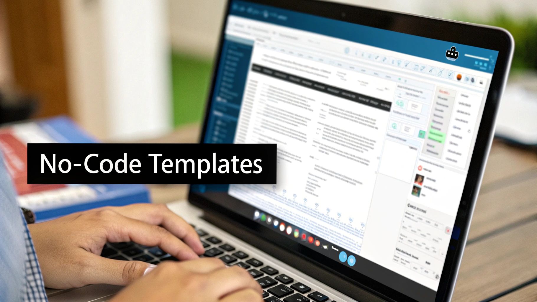 Hands typing on a laptop displaying an application interface with 'No-Code Templates' overlay.