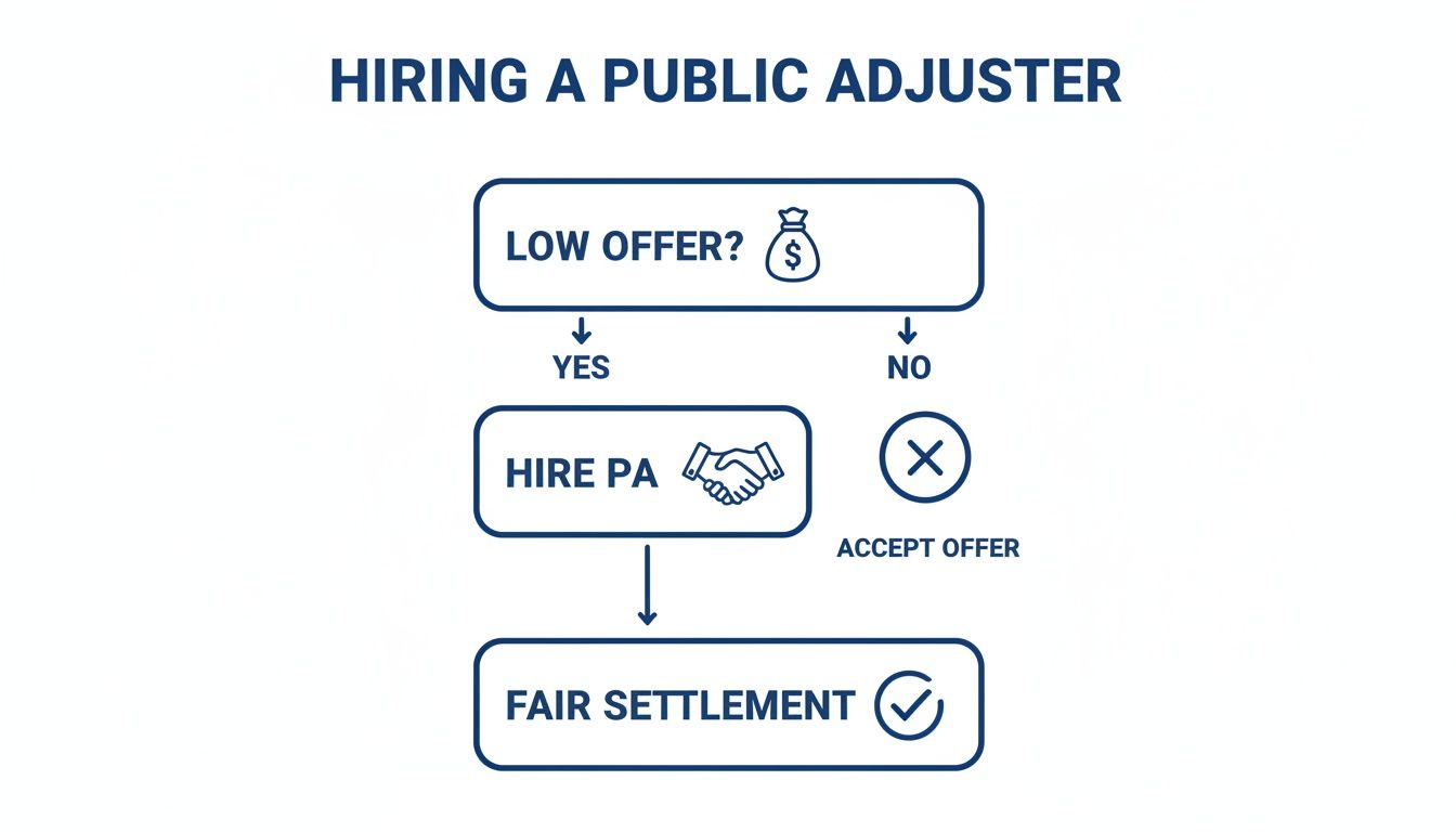 Flowchart illustrating the decision process for hiring a public adjuster to achieve a fair settlement.