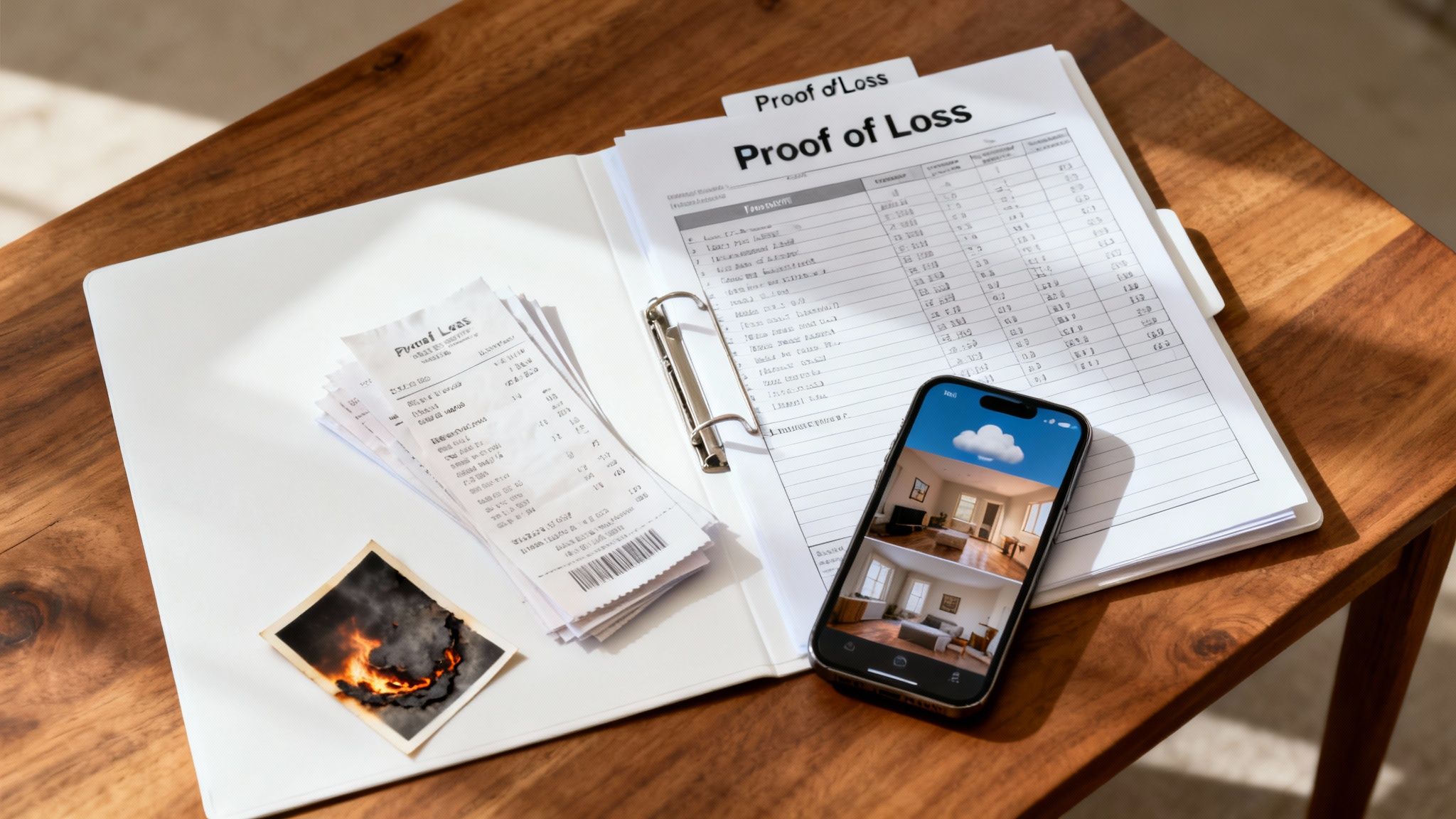 Insurance claim documents, including 'Proof of Loss' forms, receipts, a burning photo, and a smartphone.