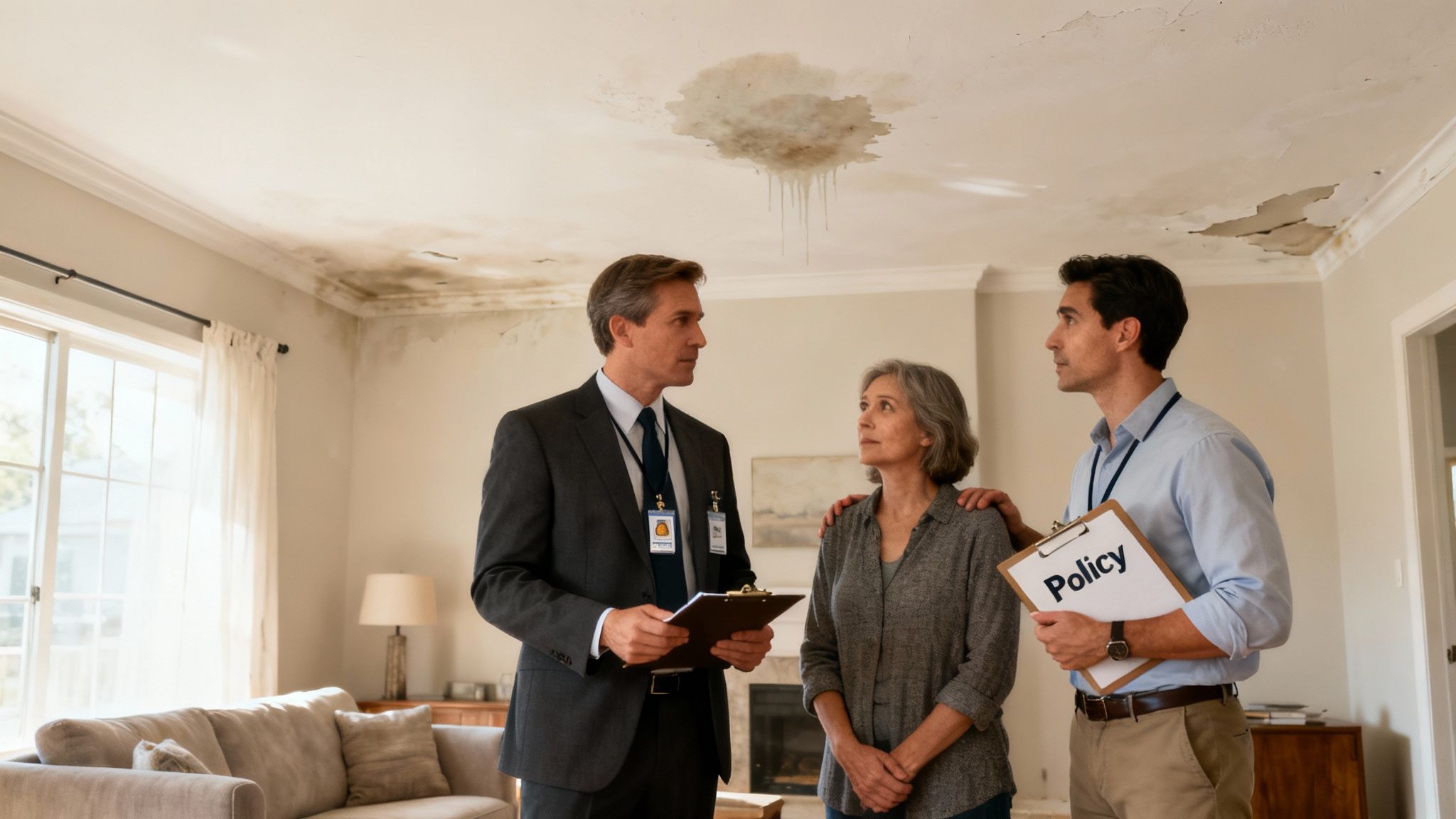 A homeowner and a professional reviewing a damaged property, illustrating the insurance adjuster vs public adjuster conflict.