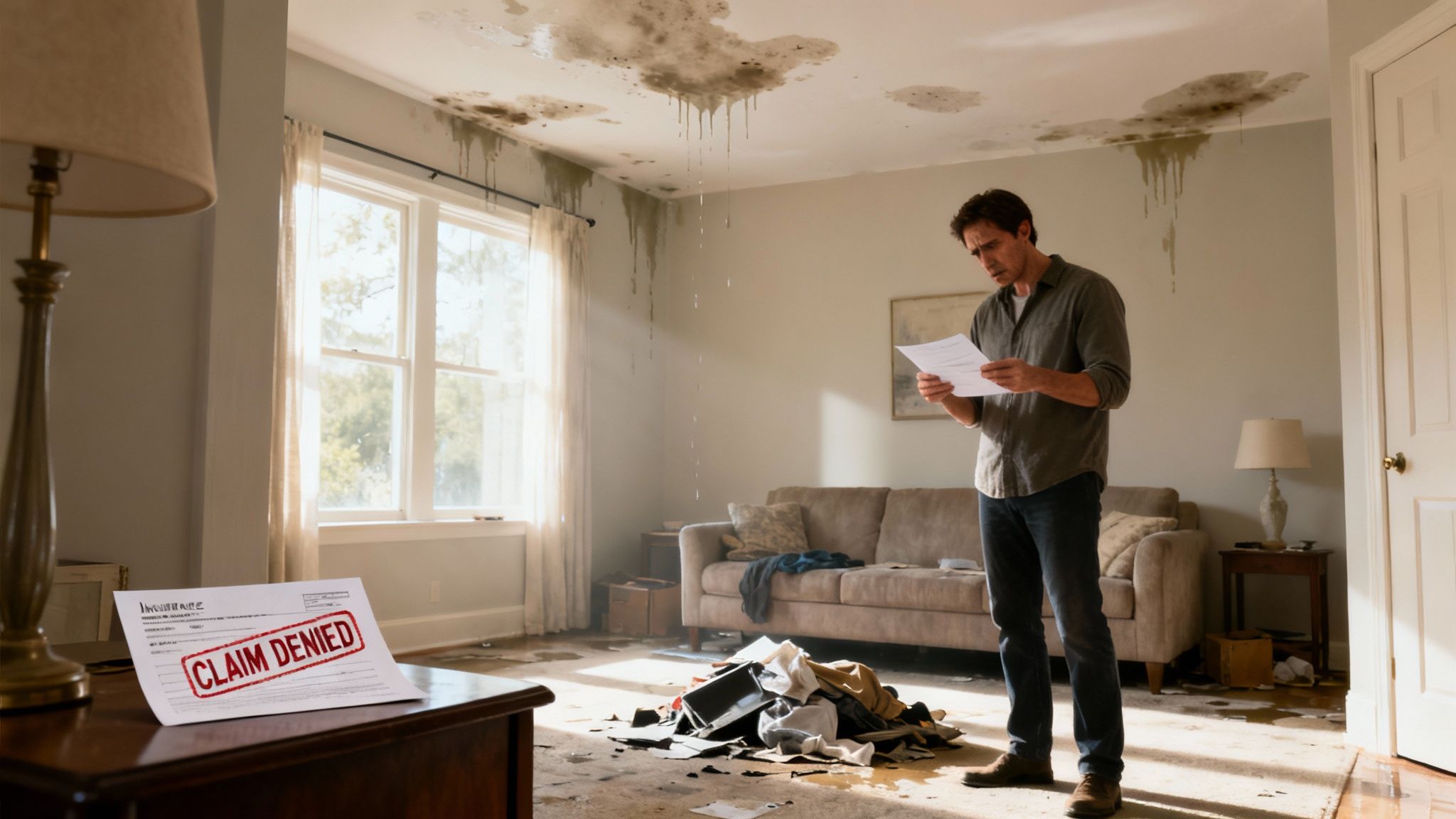 A man looking at a denied insurance claim letter in a water-damaged living room.