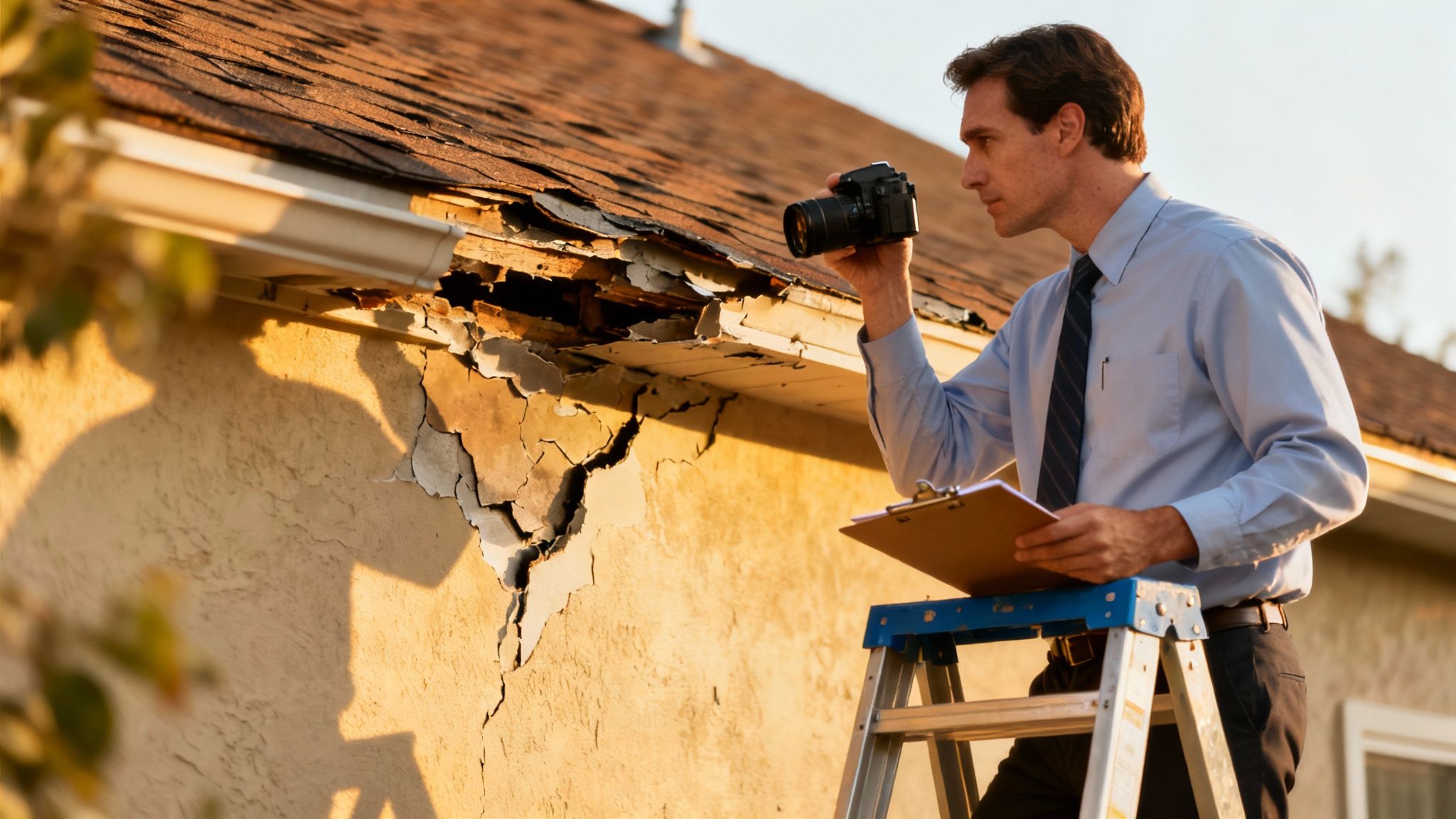 A public adjuster inspecting property damage with a clipboard and camera.