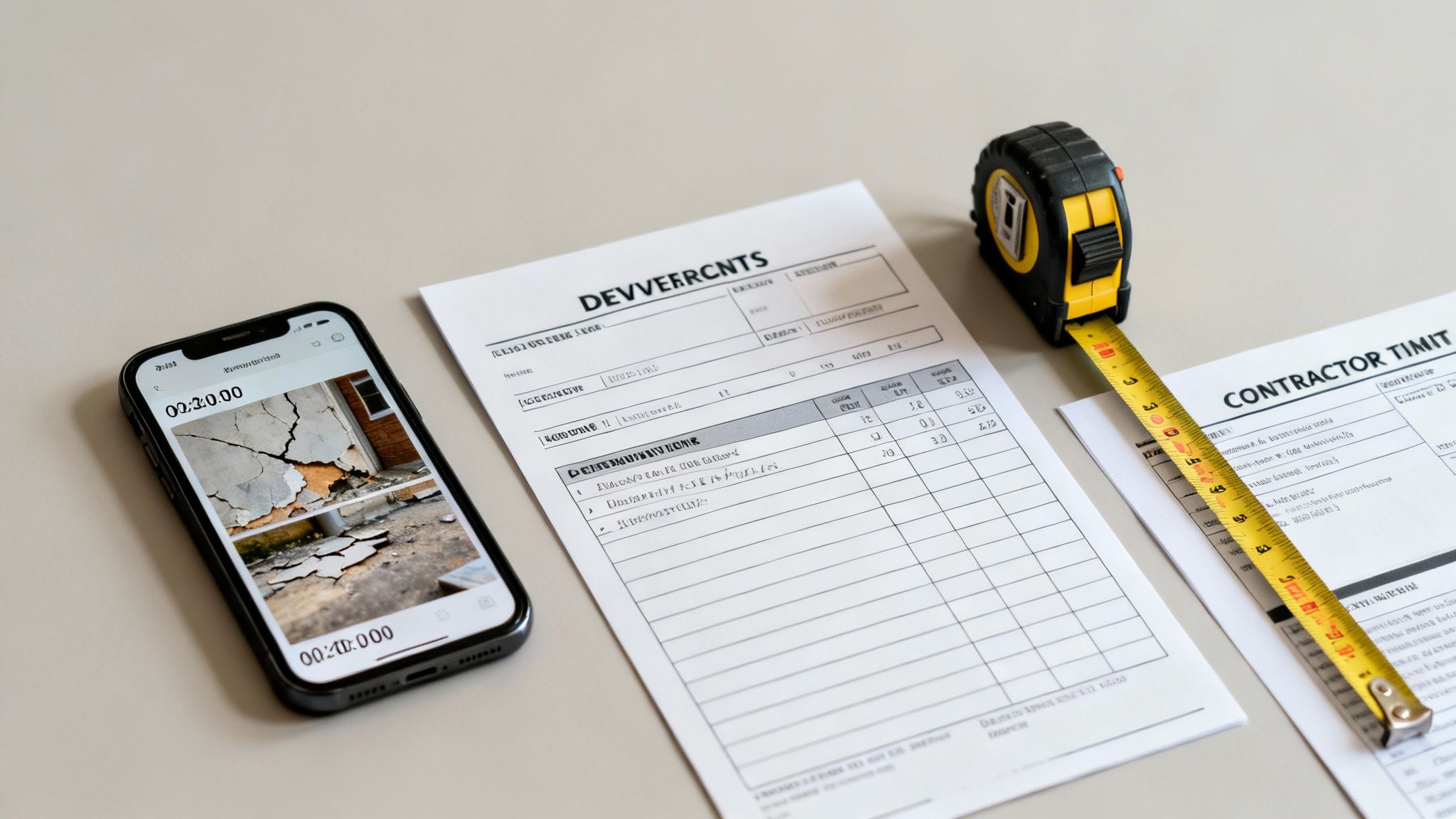 A smartphone displaying images of cracked walls next to construction documents and a measuring tape on a light surface.