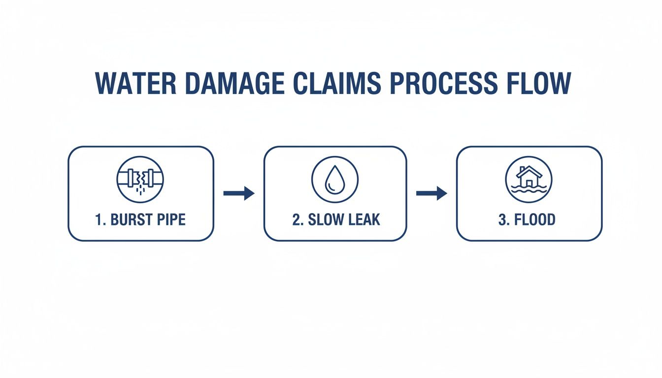 Flow chart illustrating common water damage claims scenarios: burst pipe, slow leak, and flood.