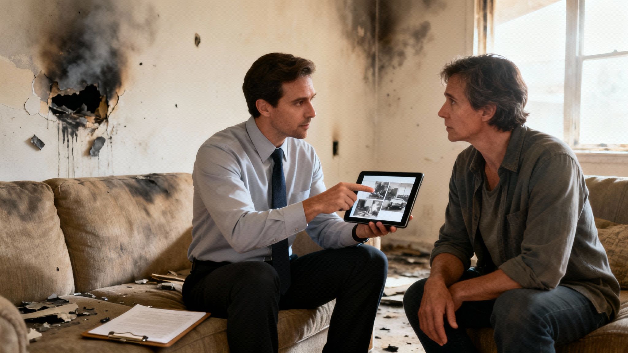 An insurance adjuster shows fire damage evidence on a tablet to a homeowner in a burned room.
