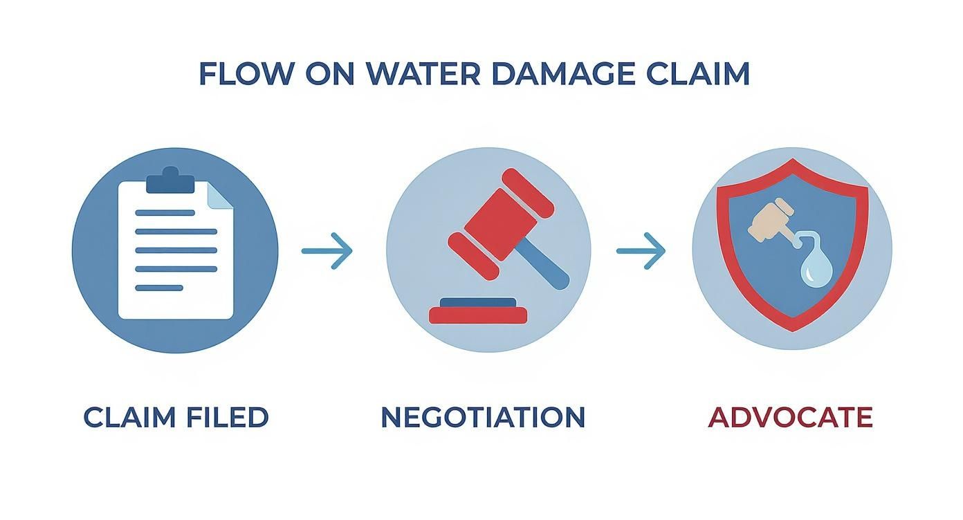 Water damage claim insurance process flowchart showing stages of a disputed claim