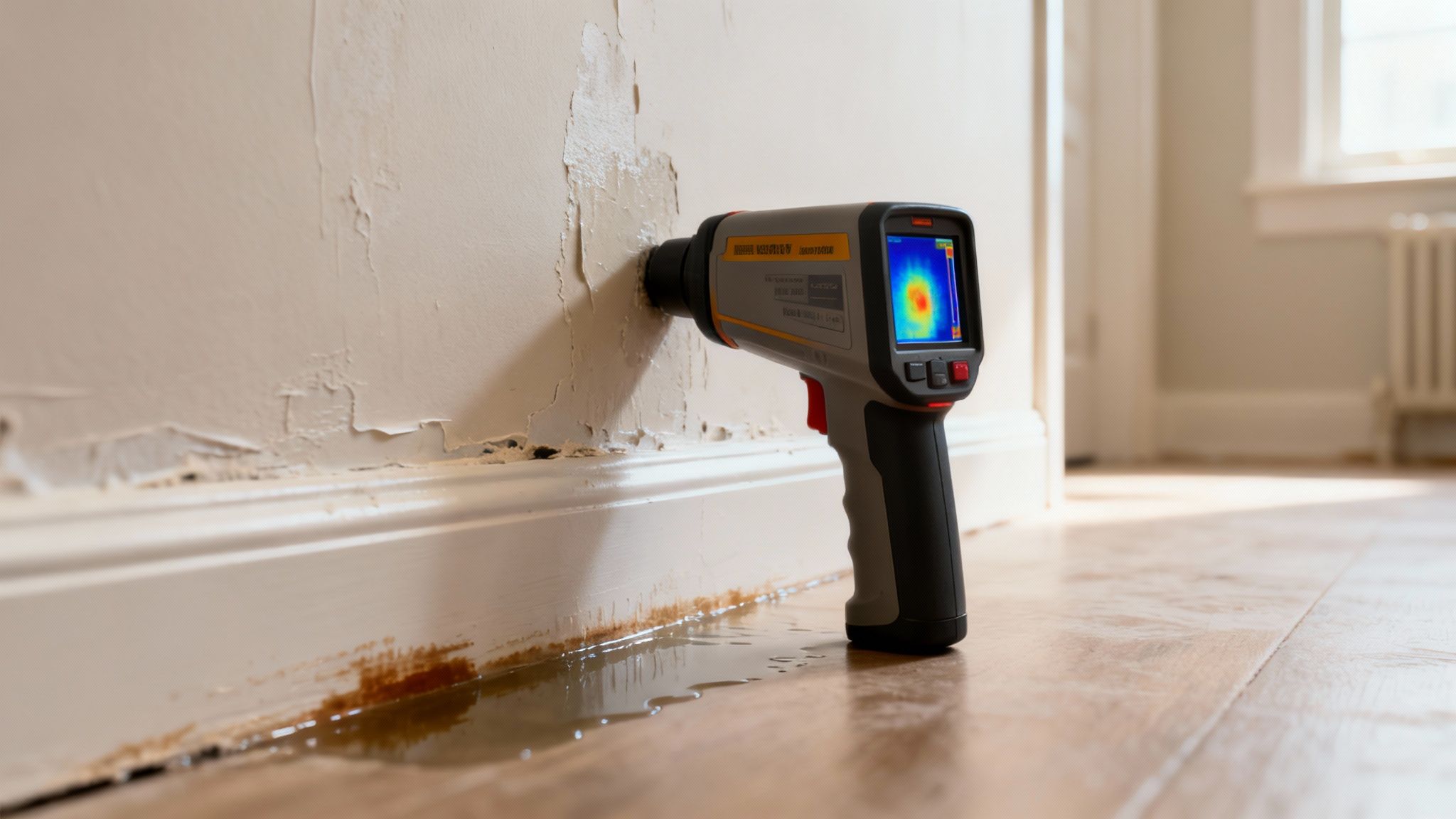 A thermal camera detects hidden water damage on a wall with peeling paint and a puddle.