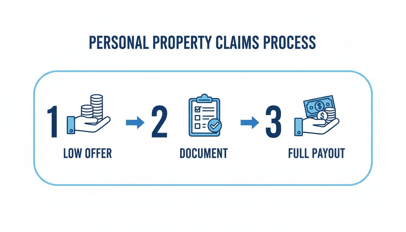 Infographic showing the personal property claims process: step 1 is a low offer, step 2 is documentation, and step 3 is full payout.