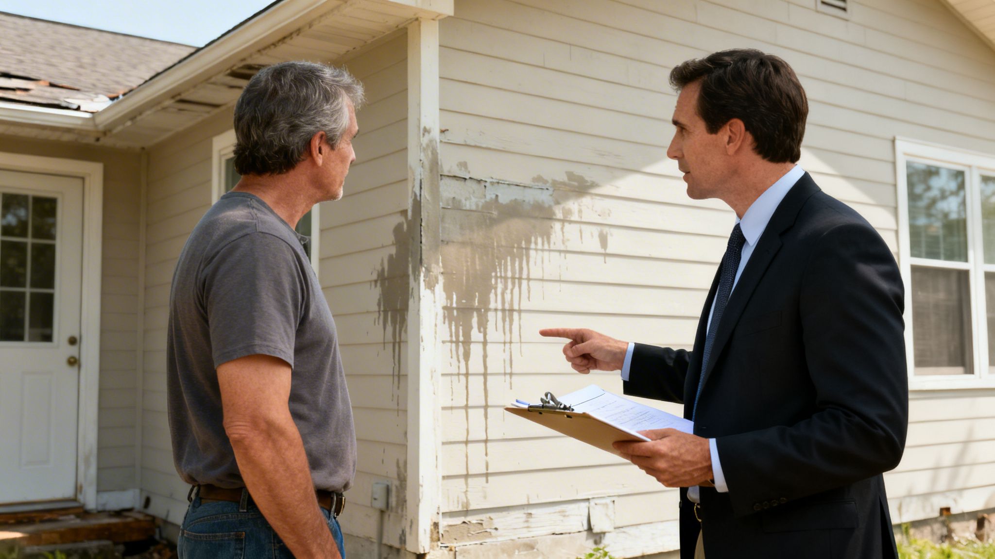 An insurance adjuster points out significant damage on a house to a homeowner.