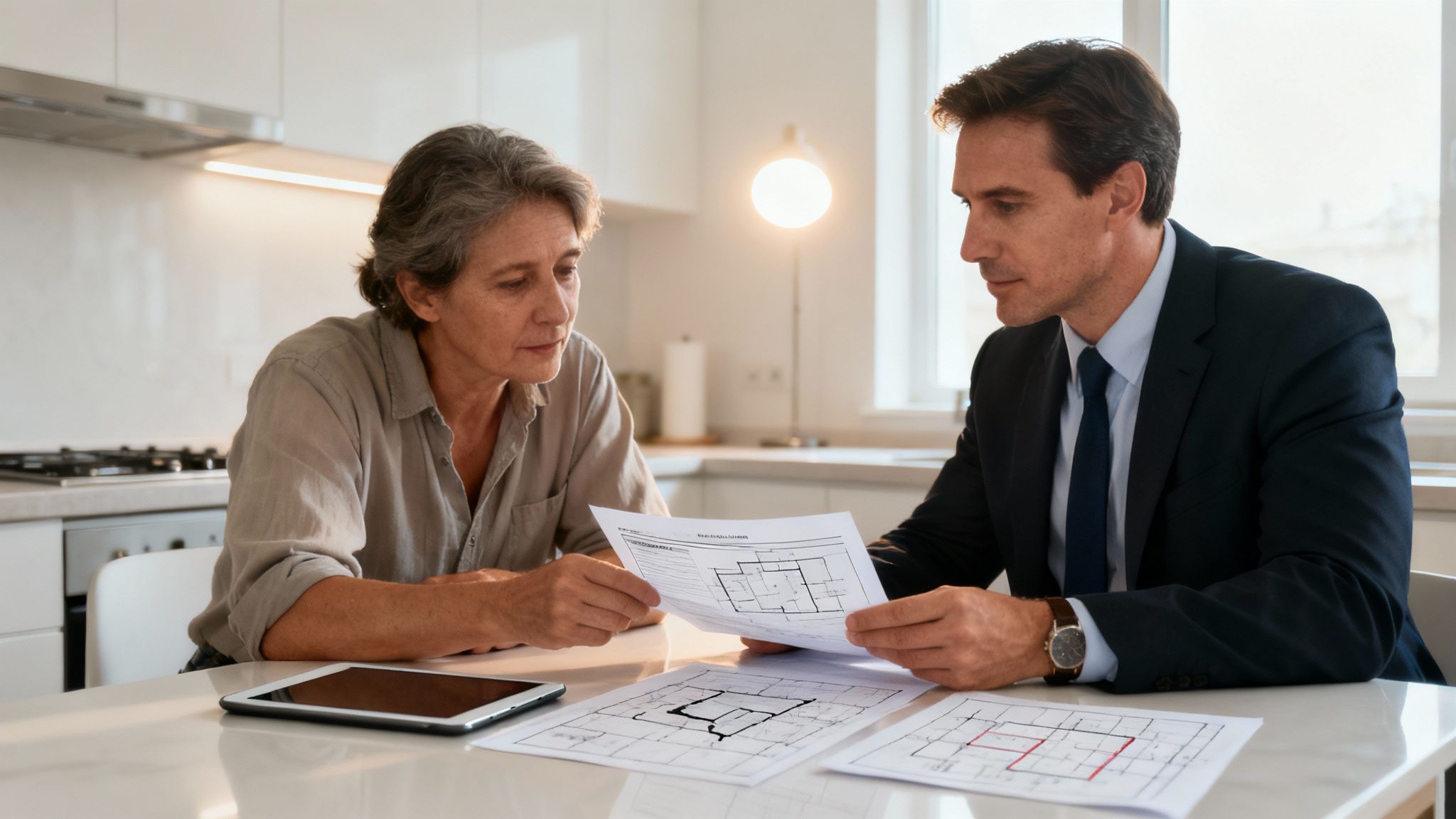 A public adjuster in a blue cobalt polo shirt and black pants, who is muscular and healthy, confidently discusses a flood damage insurance claim with a policyholder.