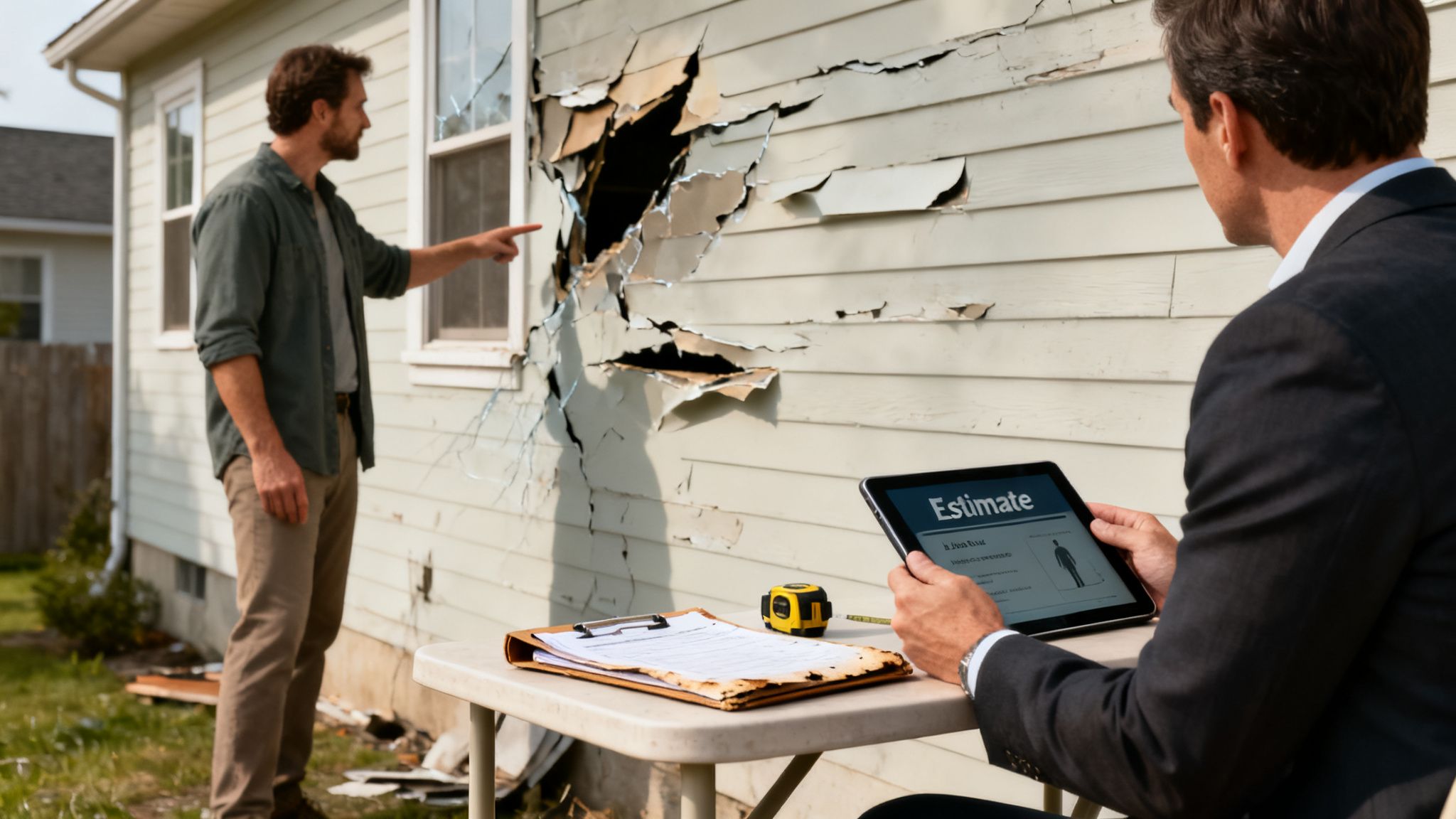 An insurance adjuster and homeowner assess severe damage to a house's siding and window, reviewing an estimate.
