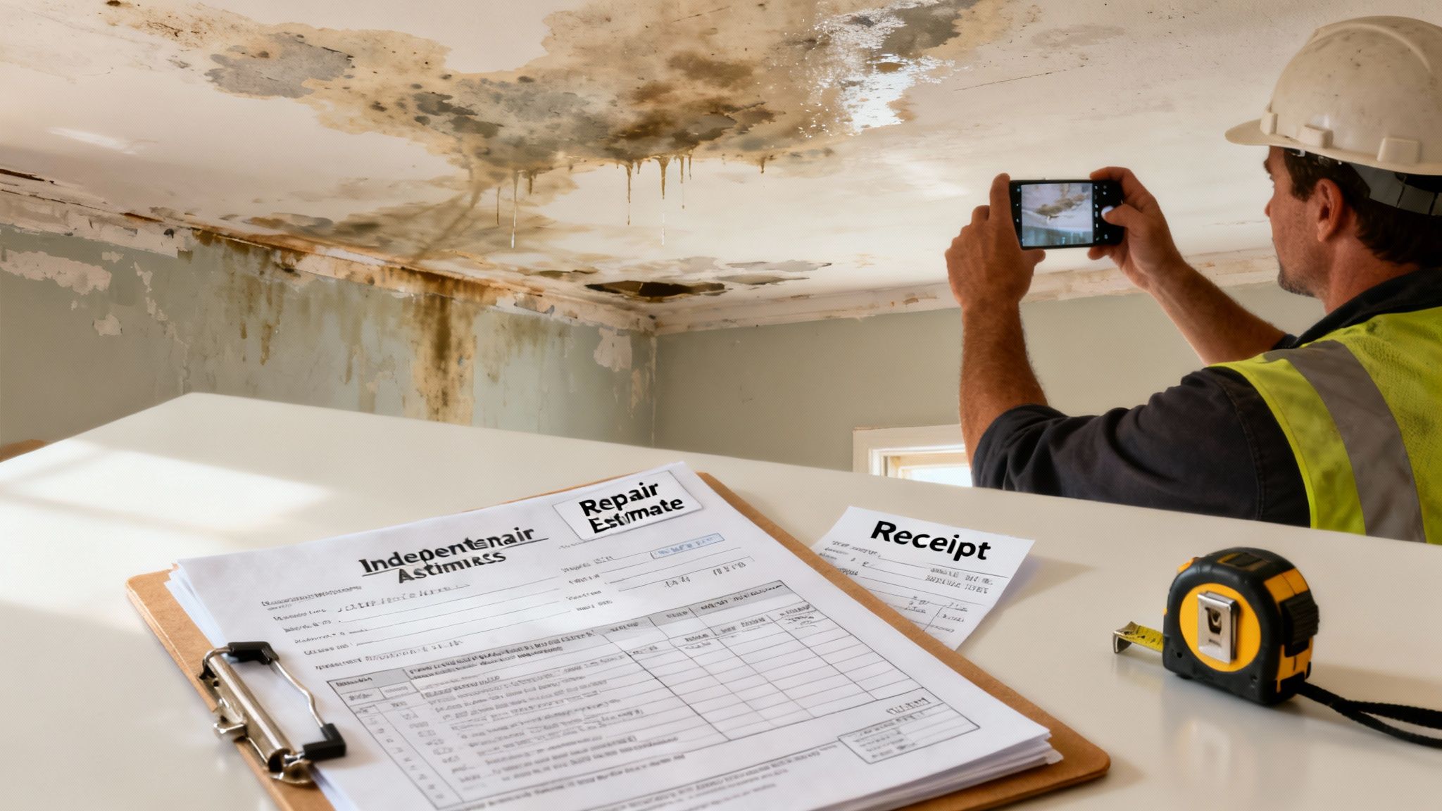 Inspector in hard hat photographs extensive water damage and mold on a ceiling, with repair documents in the foreground.