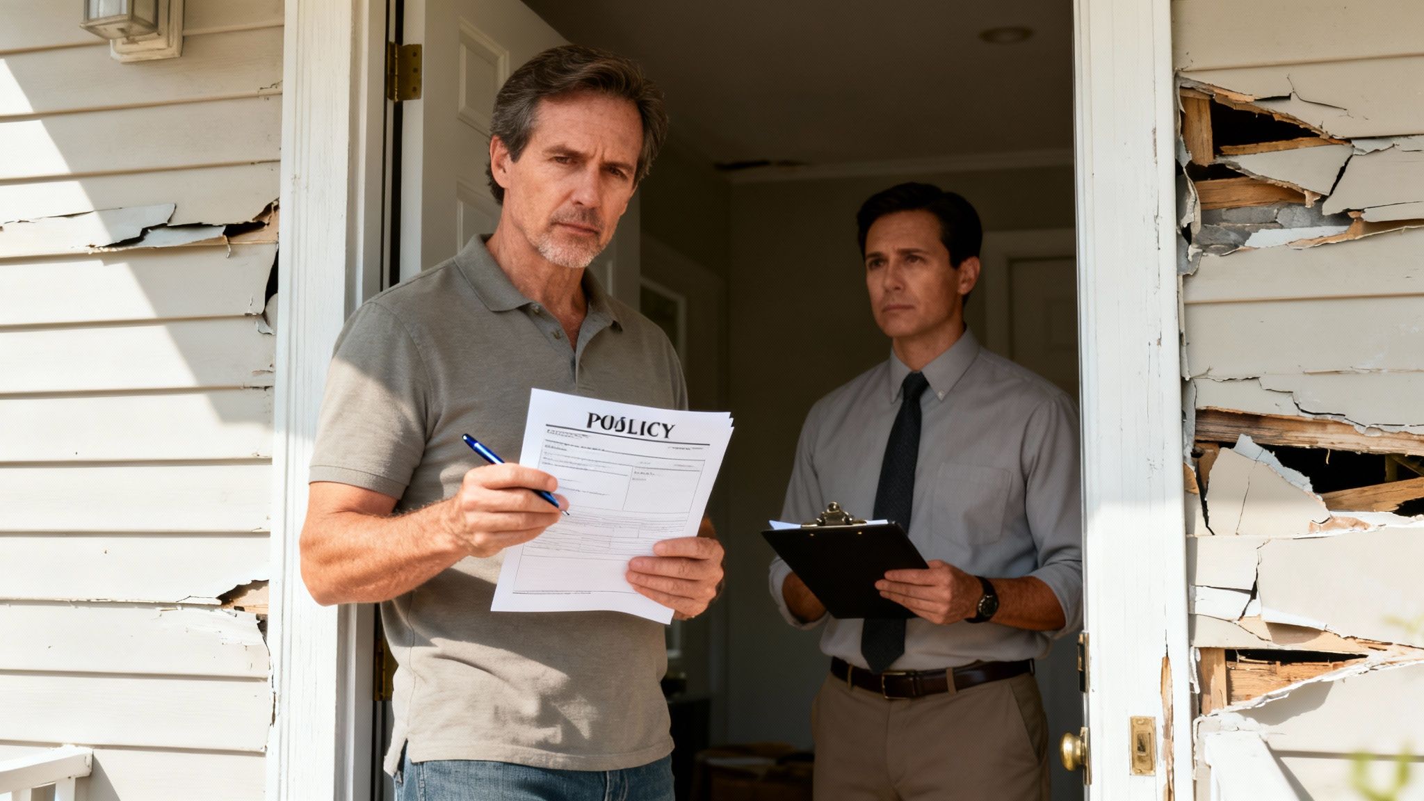 Man holding a policy document and pen, with an insurance adjuster at a house with damaged siding.
