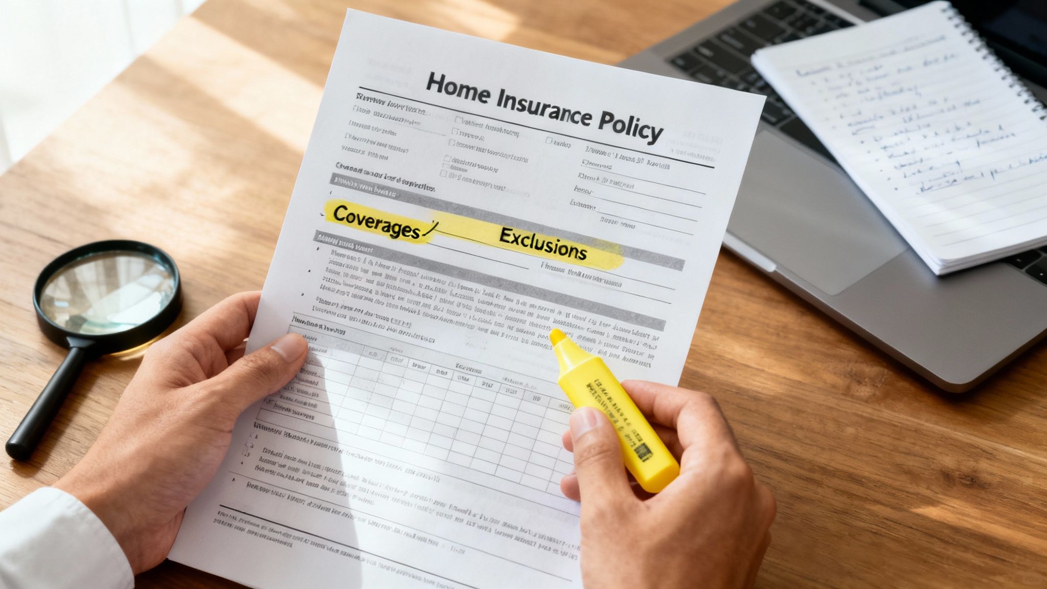 Policy document being reviewed to dispute a claim for fire damage