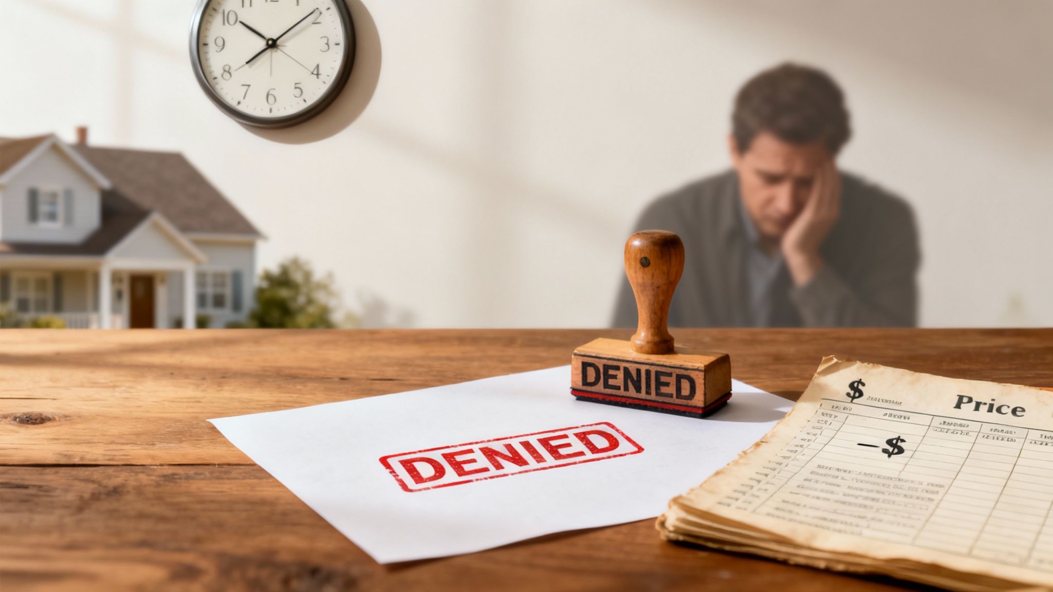 A 'DENIED' stamp on paperwork with financial documents, a blurred sad man, a house, and a clock, depicting loan rejection.