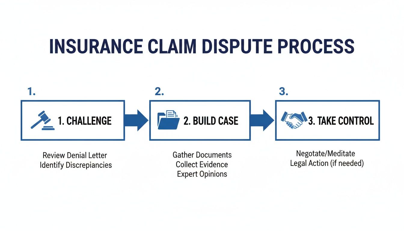 Flowchart illustrating the three-step insurance claim dispute process: Challenge, Build Case, and Take Control.
