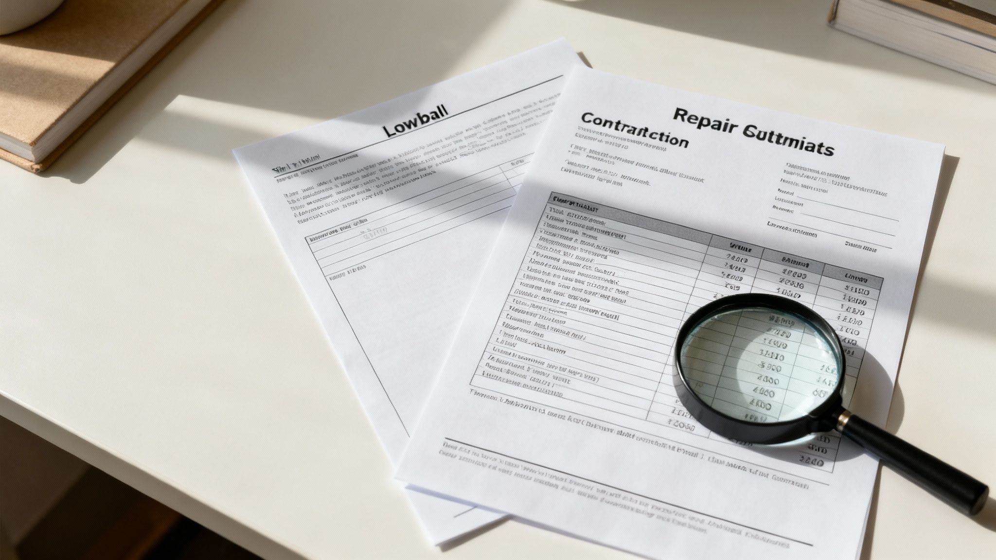 Magnifying glass on a desk showing lowball repair estimates for a water damage claim insurance dispute