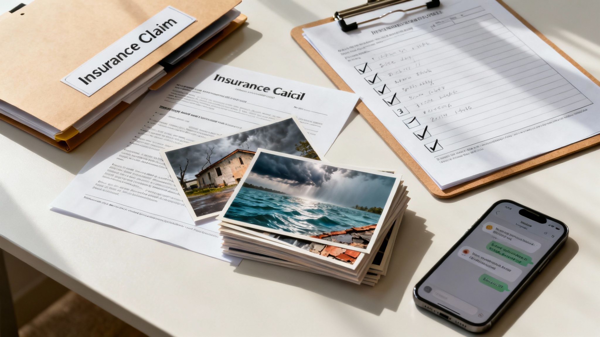 A person organizing documents for their public insurance adjuster near me