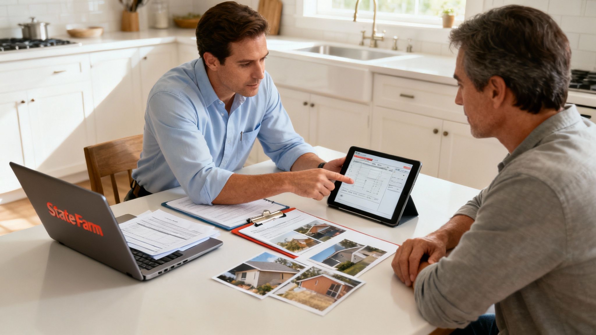 A person reviewing insurance claim state farm documents and writing a dispute letter.