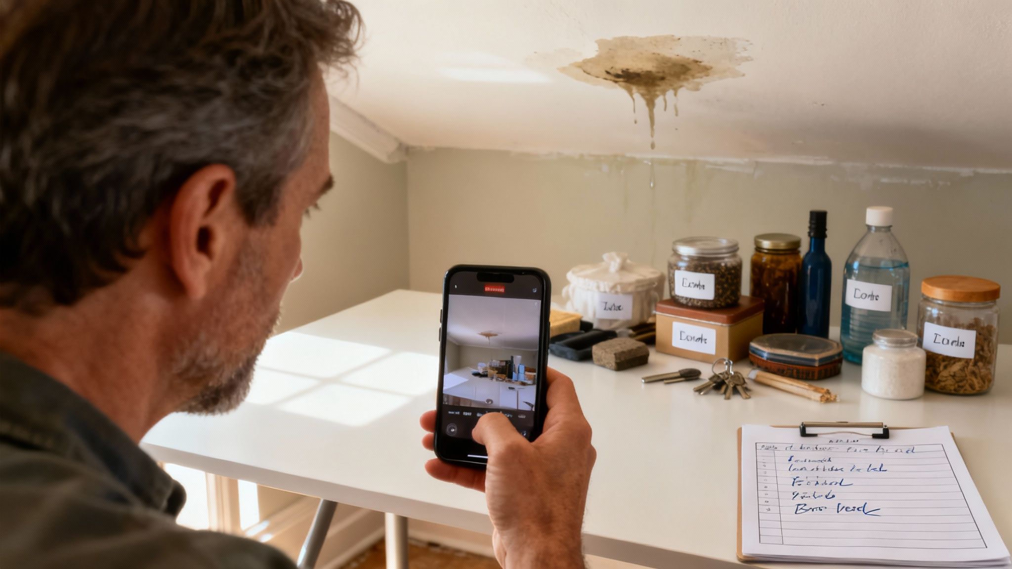 An insurance adjuster meeting with a homeowner to inspect flood damage.
