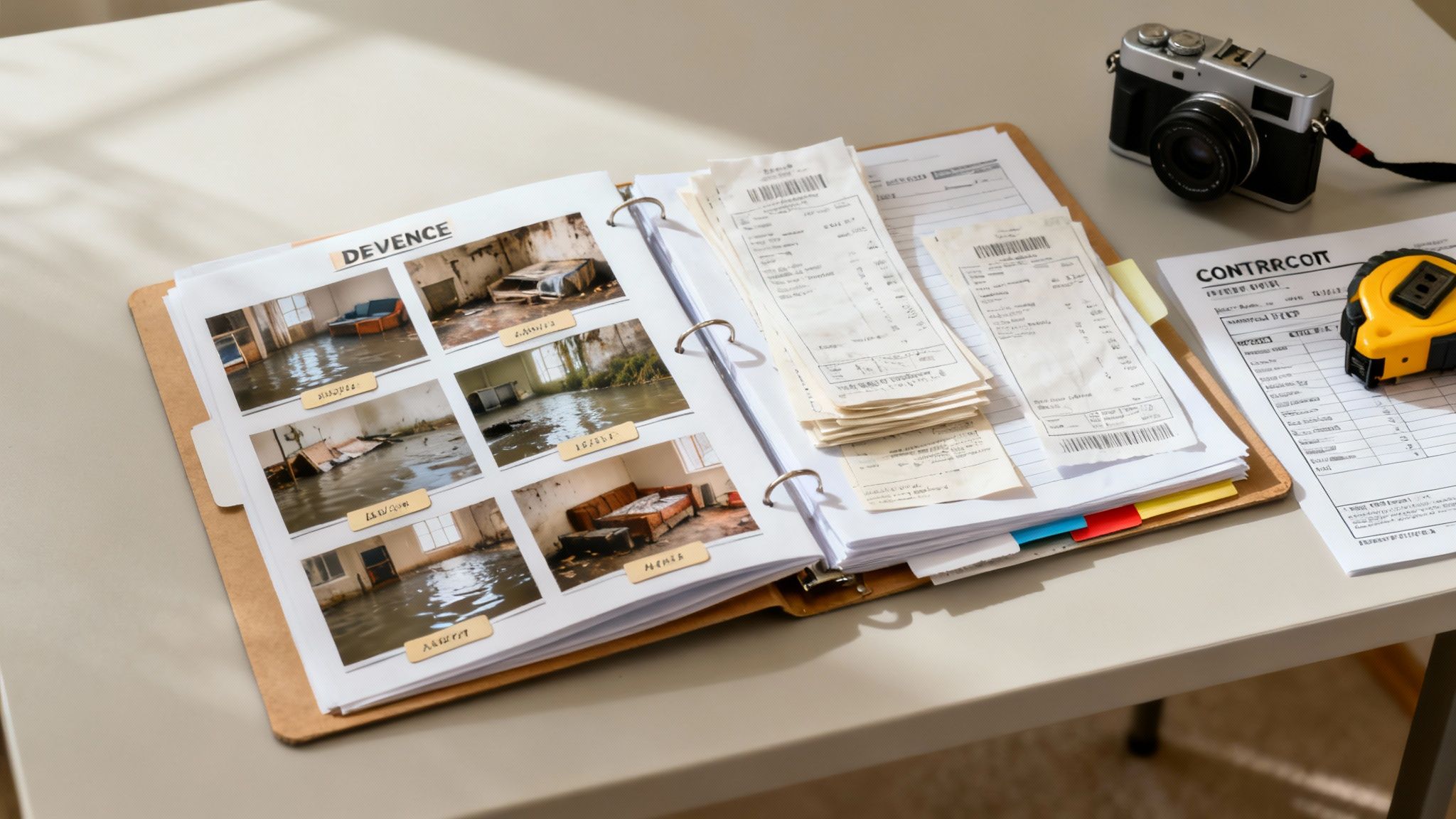 Detailed photo of water damage used as evidence in a flood damage claim dispute.