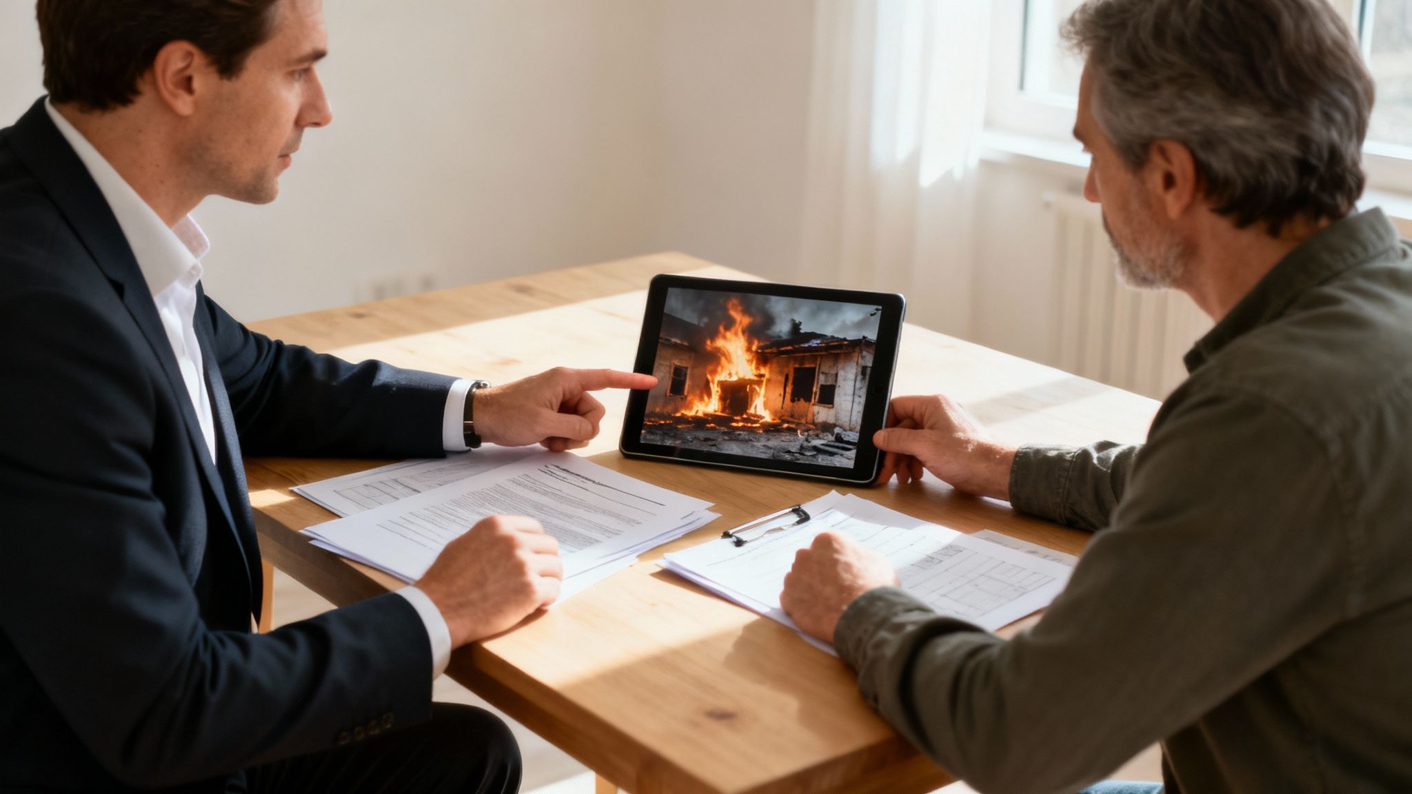 Insurance adjuster meeting with homeowner at a fire-damaged property.
