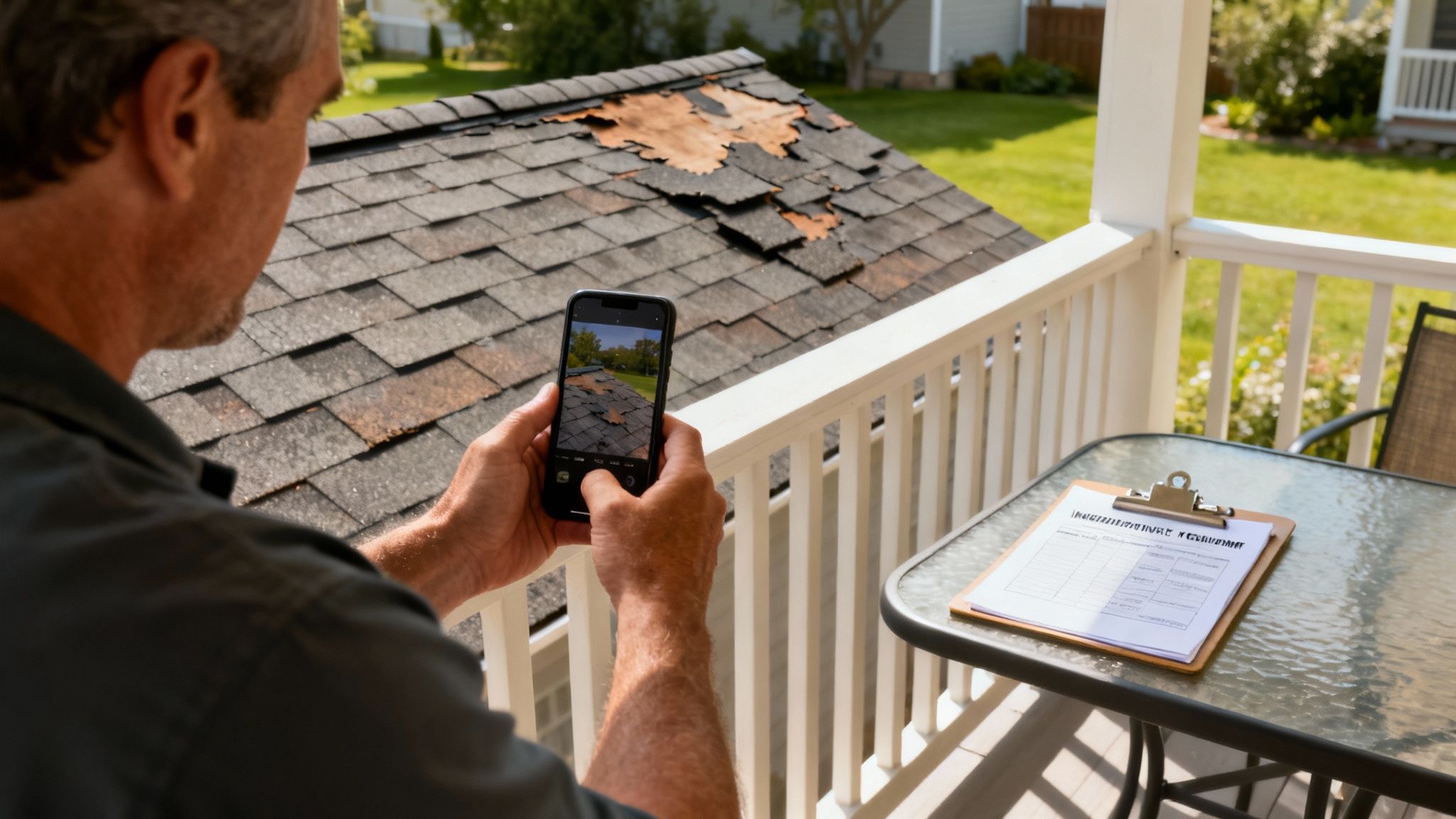A homeowner inspects roof damage, symbolizing the fight against a lowball offer and the question of will insurance cover roof replacement.