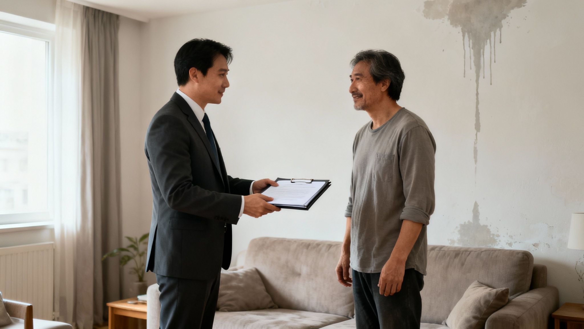 An agent in a suit shows documents to a man in a home with visible water-damaged walls.