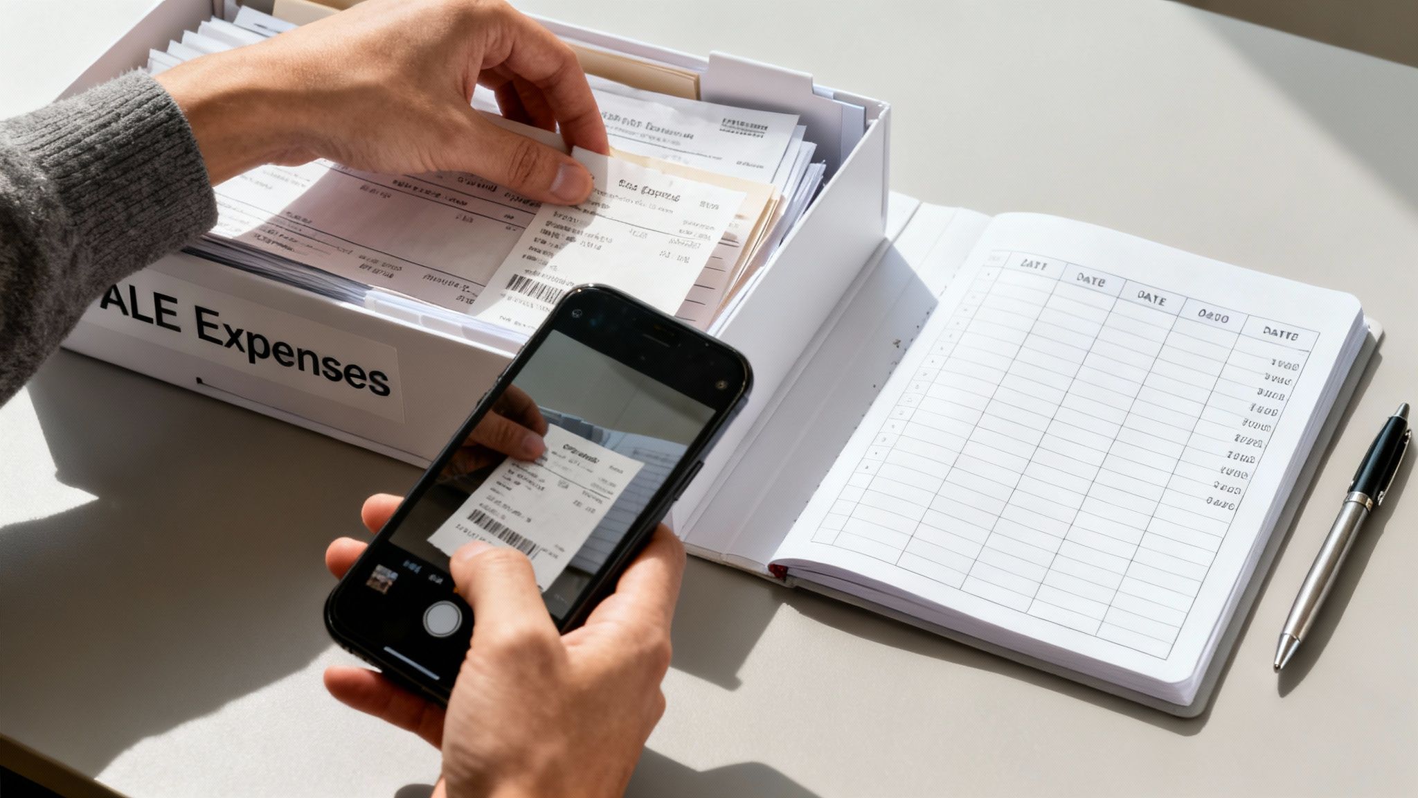 Hands scanning a receipt with a smartphone, next to a box of expenses and an open ledger.