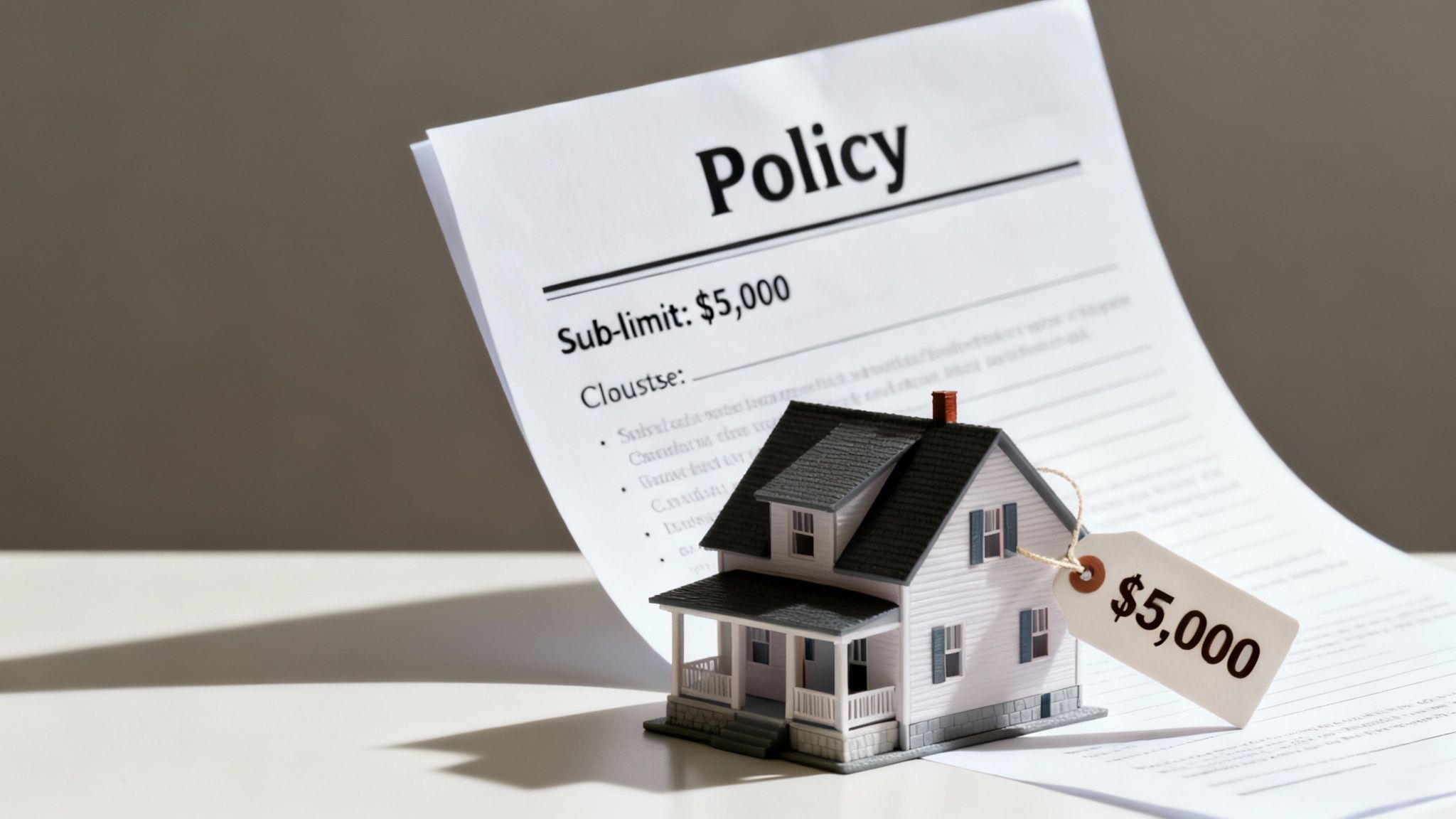 A small house model with a $5,000 price tag rests on a document displaying "Policy" and "Sub-limit: $5,000".