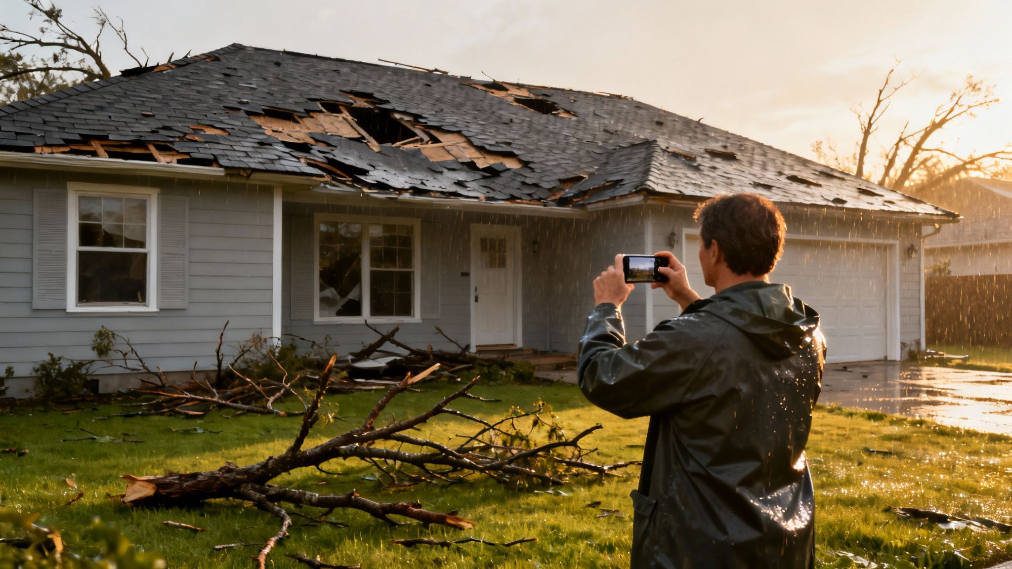 A house roof with visible storm damage, including missing shingles and debris scattered around.