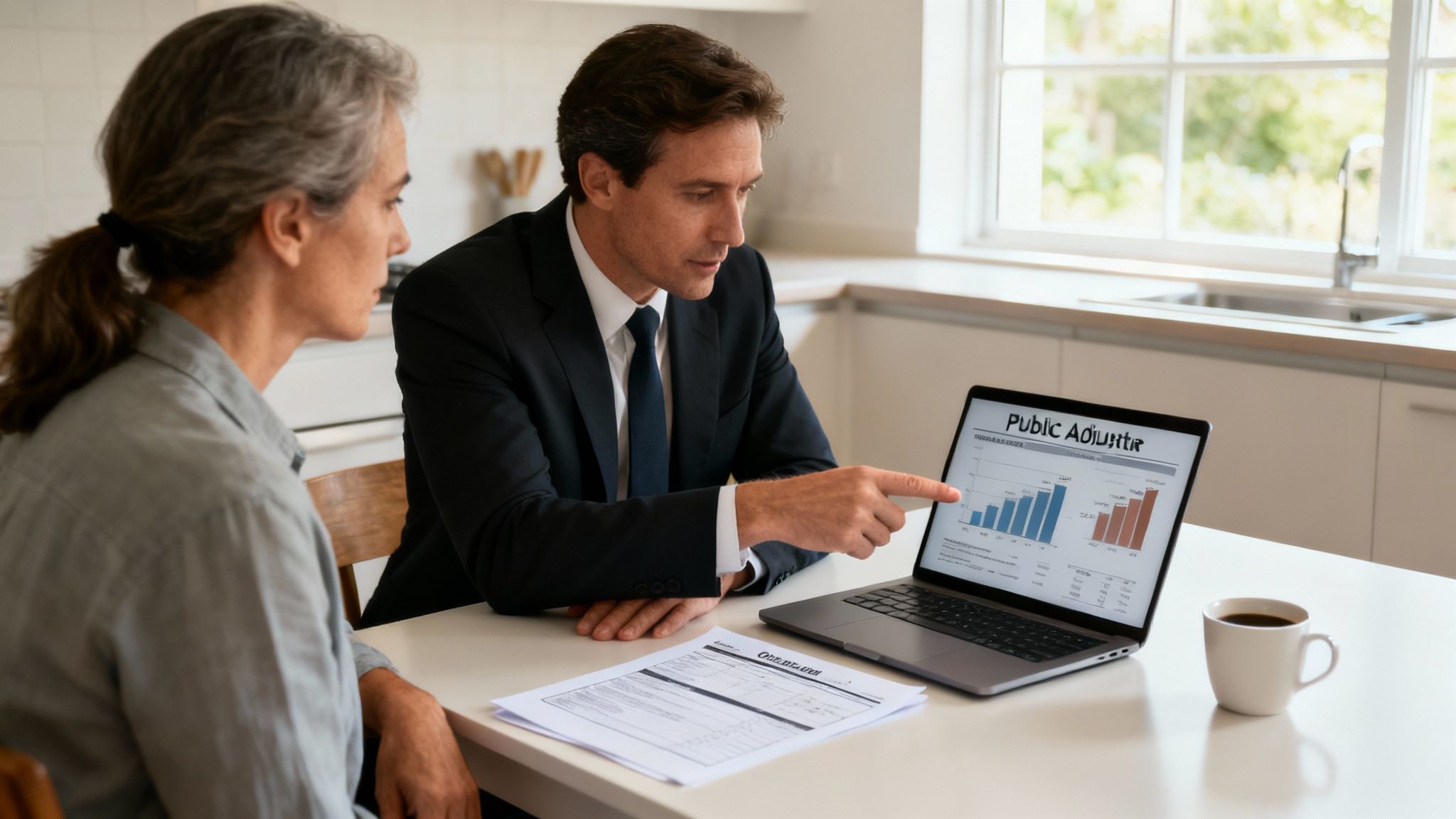 A public adjuster inspecting a flooded home, representing the search for "flood damage cleanup near me" and subsequent insurance battles.