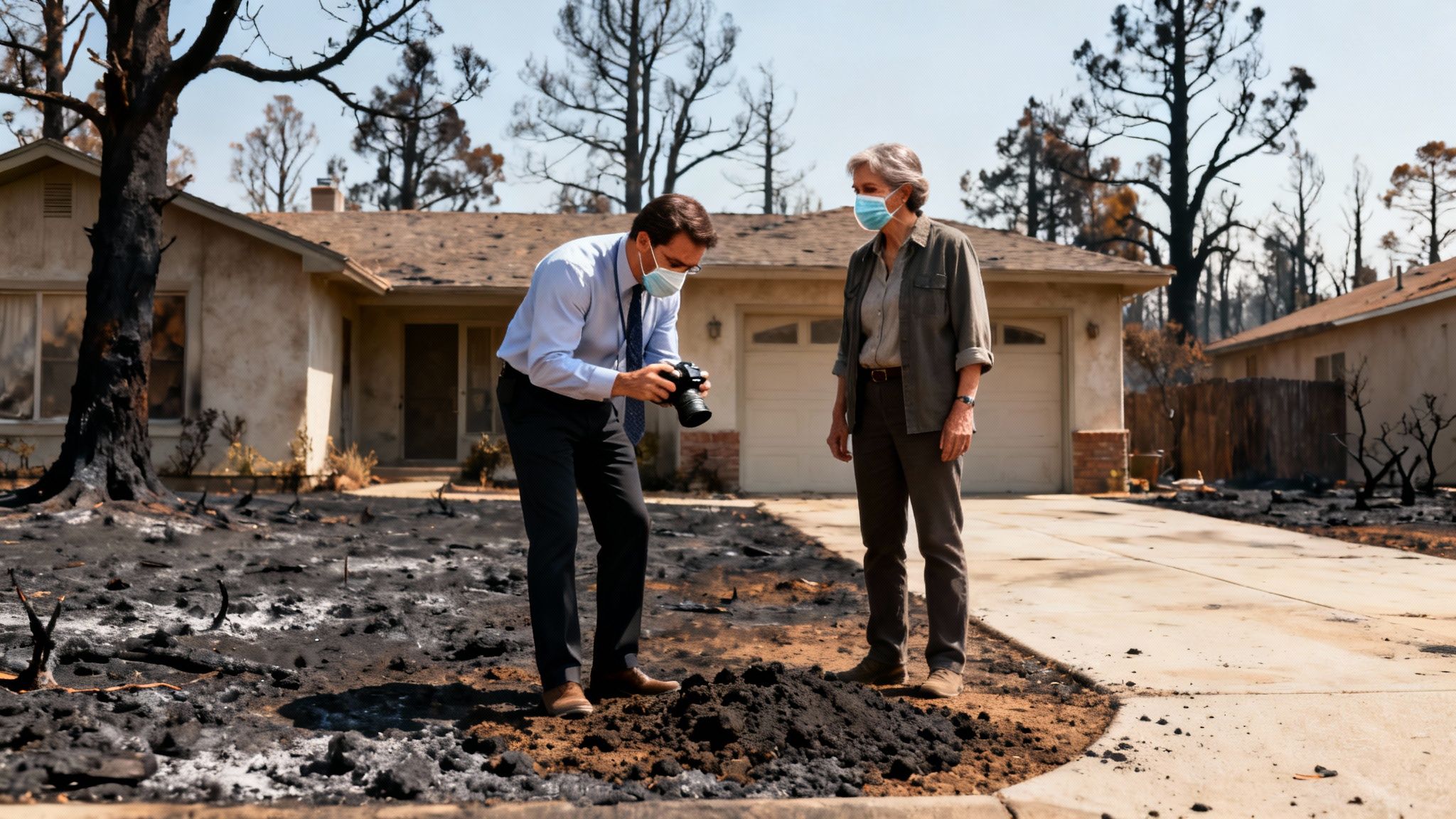 Adjuster and woman in masks inspect fire damage and burnt ground near a house.