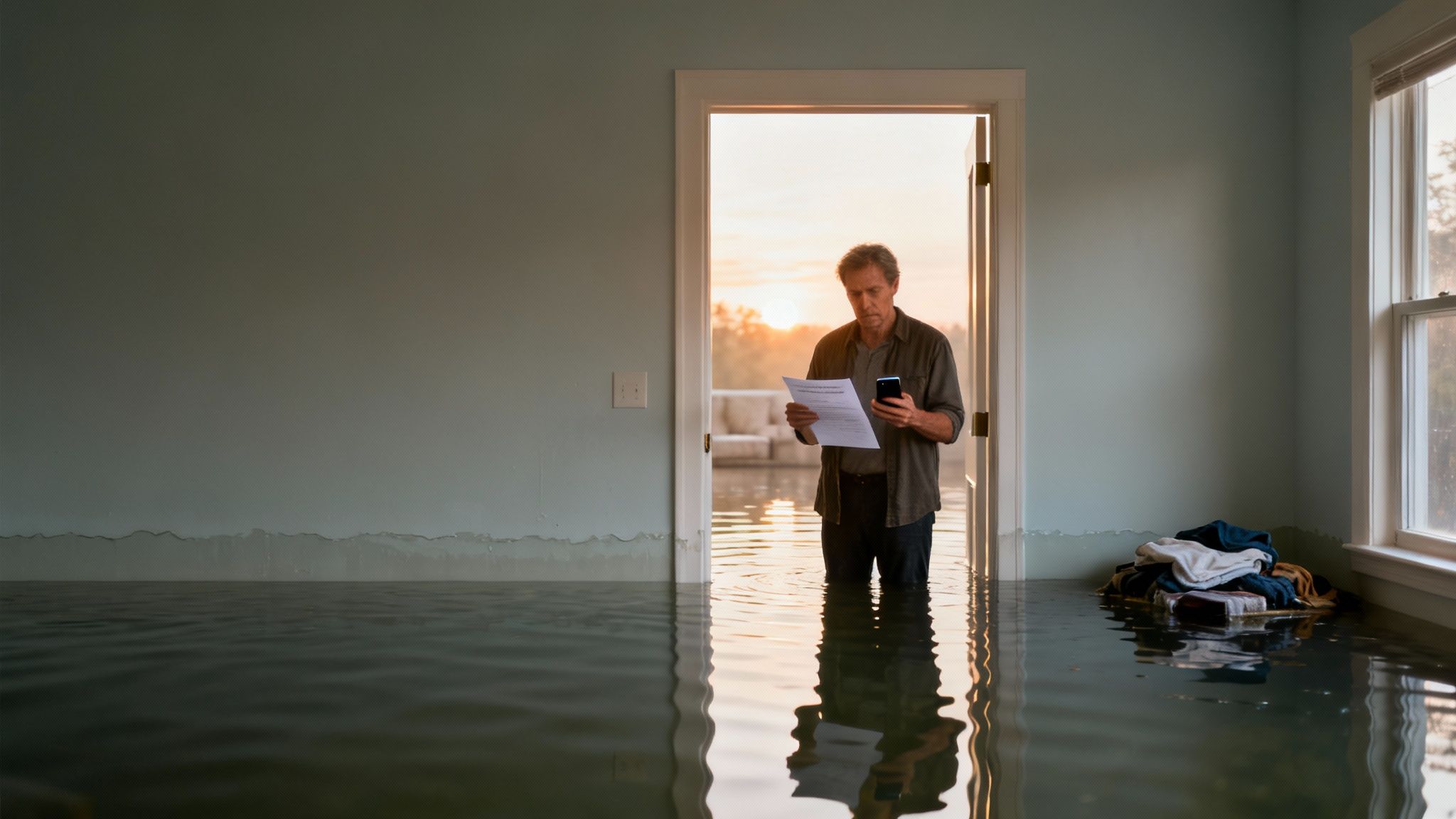 A home interior showing significant water damage, representing the start of a flood damage cleanup near me claim.
