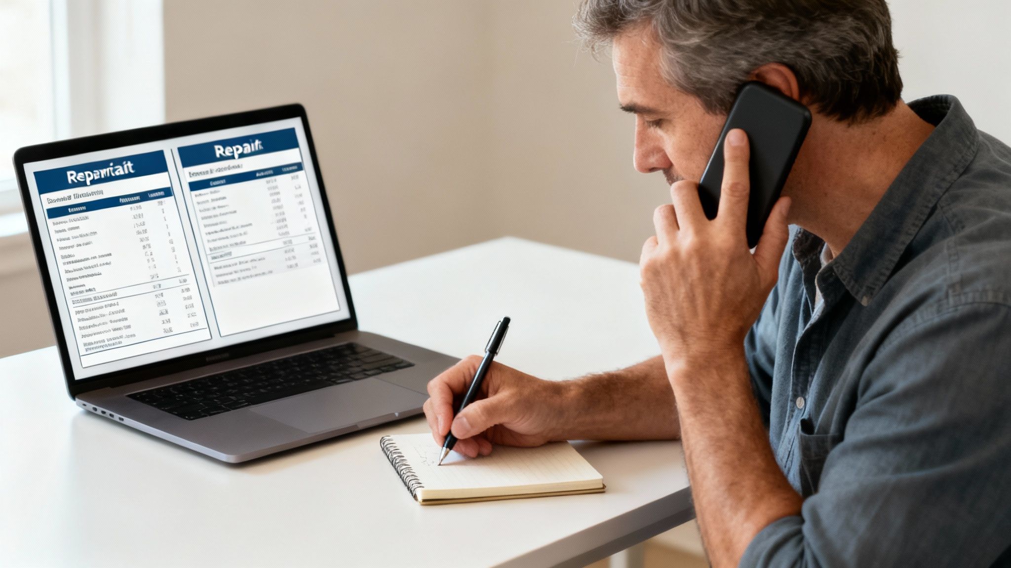A person at a desk calmly reviewing documents and speaking on the phone.