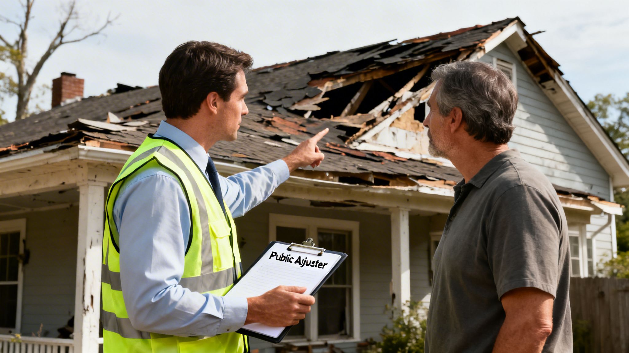 Public adjuster points to a severely damaged roof while explaining details to a homeowner.