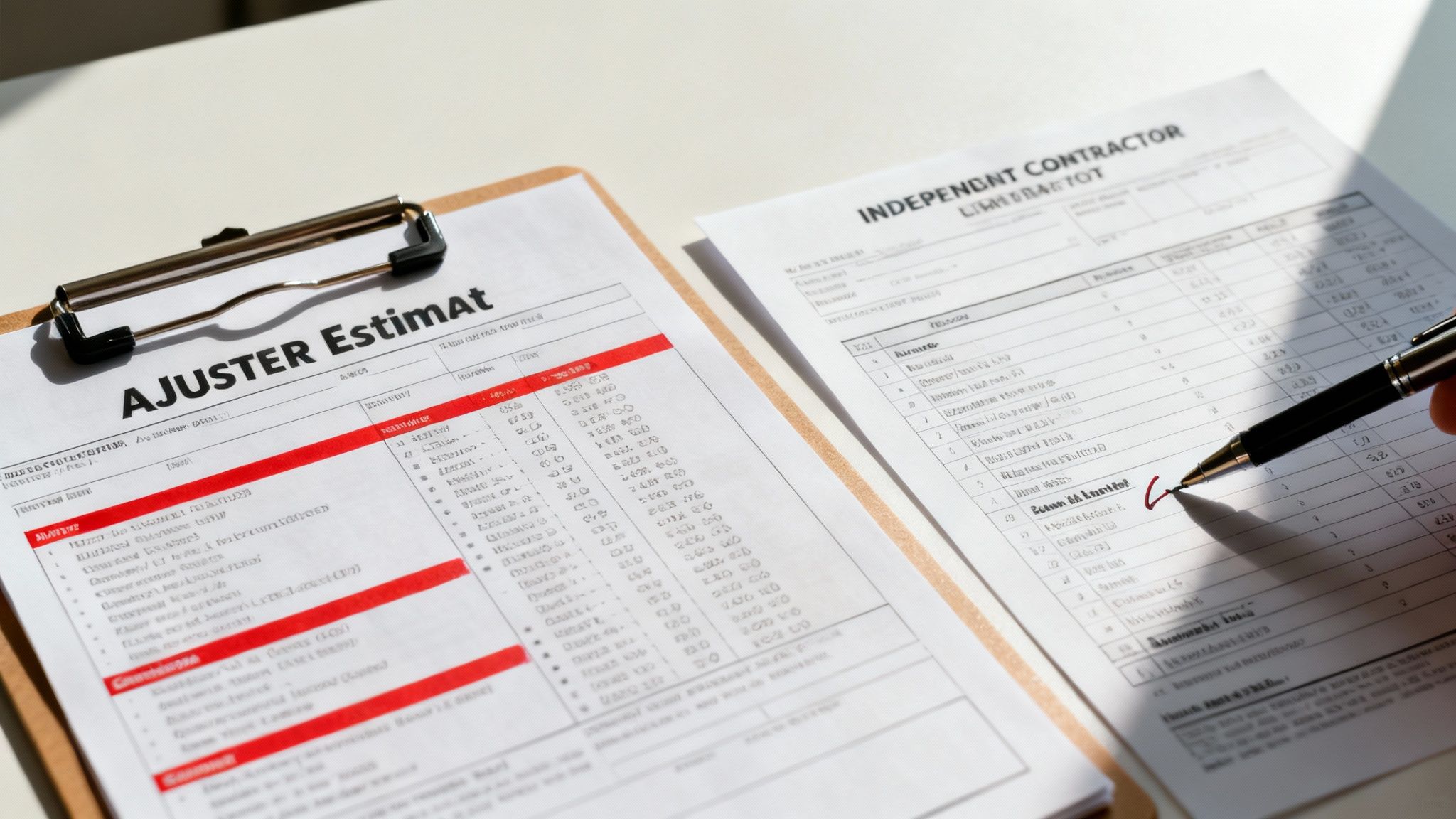 A public adjuster in a blue Cobalt polo shirt and black pants with a muscular, healthy build and a homeowner analyze an insurance claim storm damage report together.