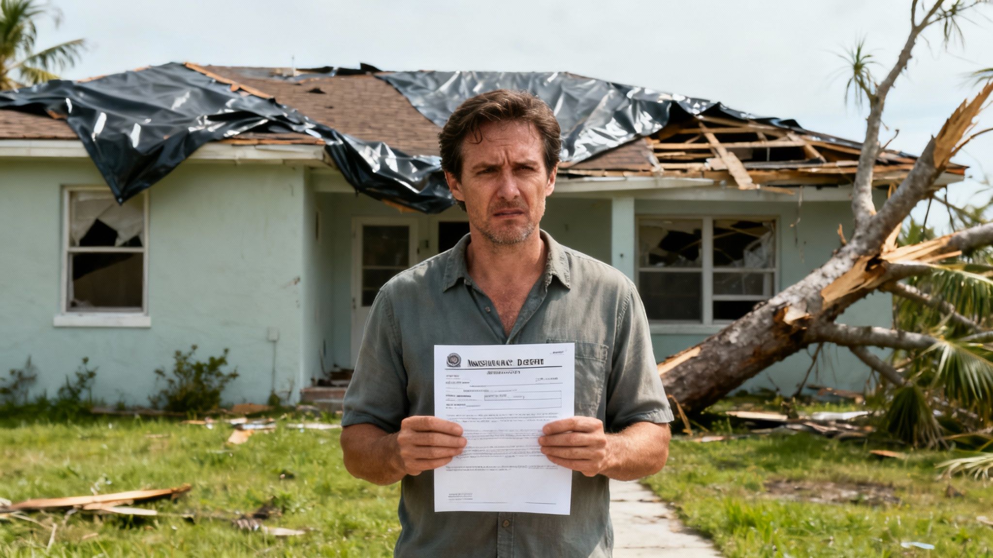 A concerned man holds a document in front of a hurricane-damaged house with a broken tree.
