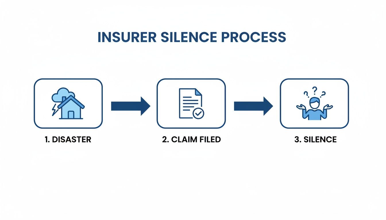 A flowchart illustrating the insurer silence process: disaster, claim filed, followed by insurer silence.