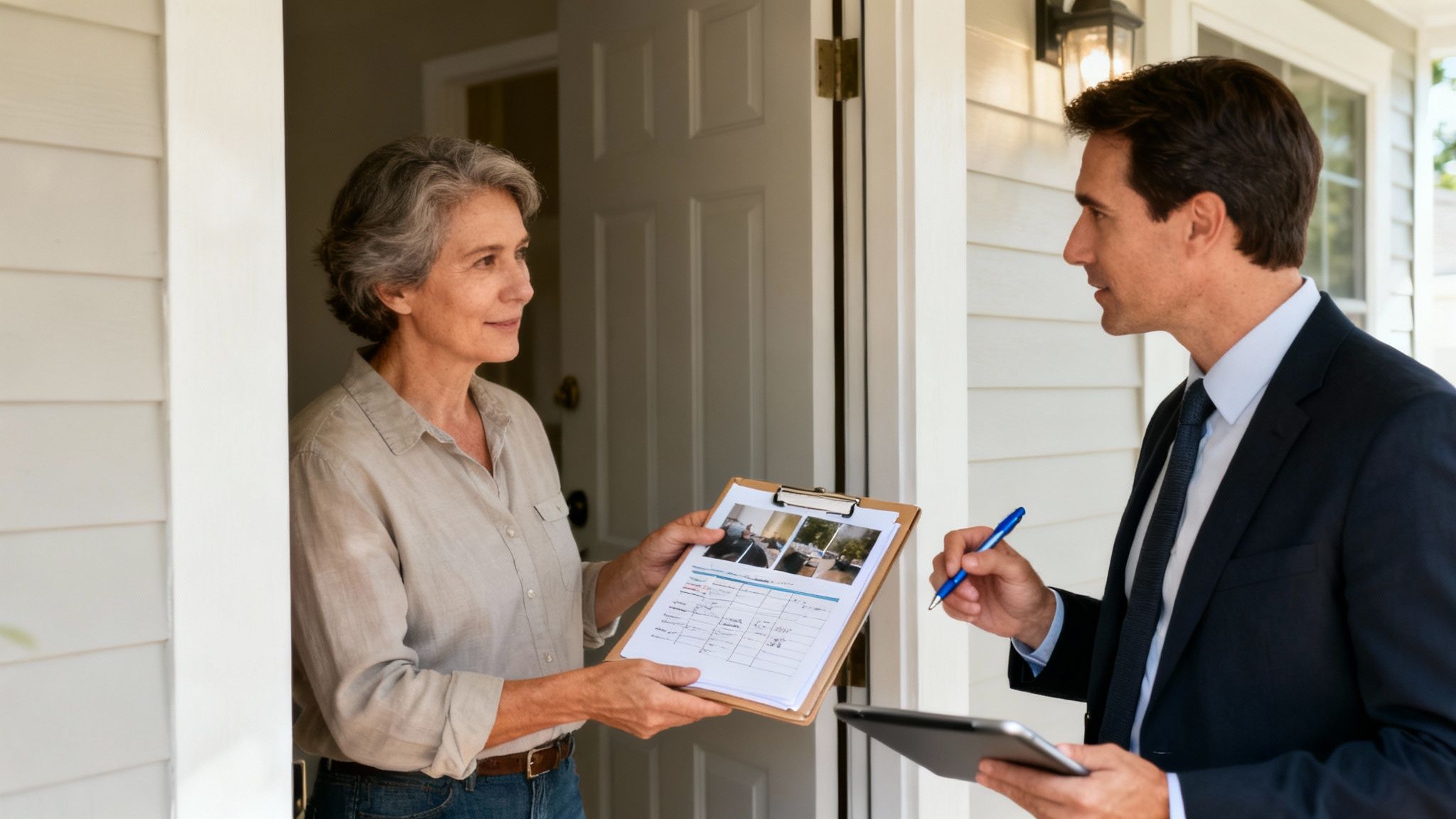 An insurance adjuster inspecting water damage in a home, representing how to file an insurance claim for water damage.