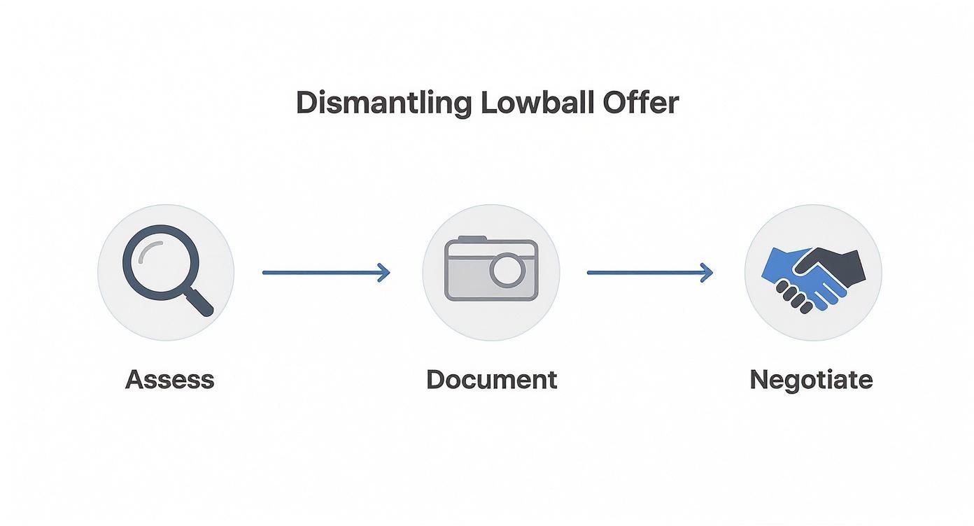 An insurance company representative in a red polo shirt presents a lowball offer to a distressed homeowner, a common tactic a fire damage claim adjuster fights against.