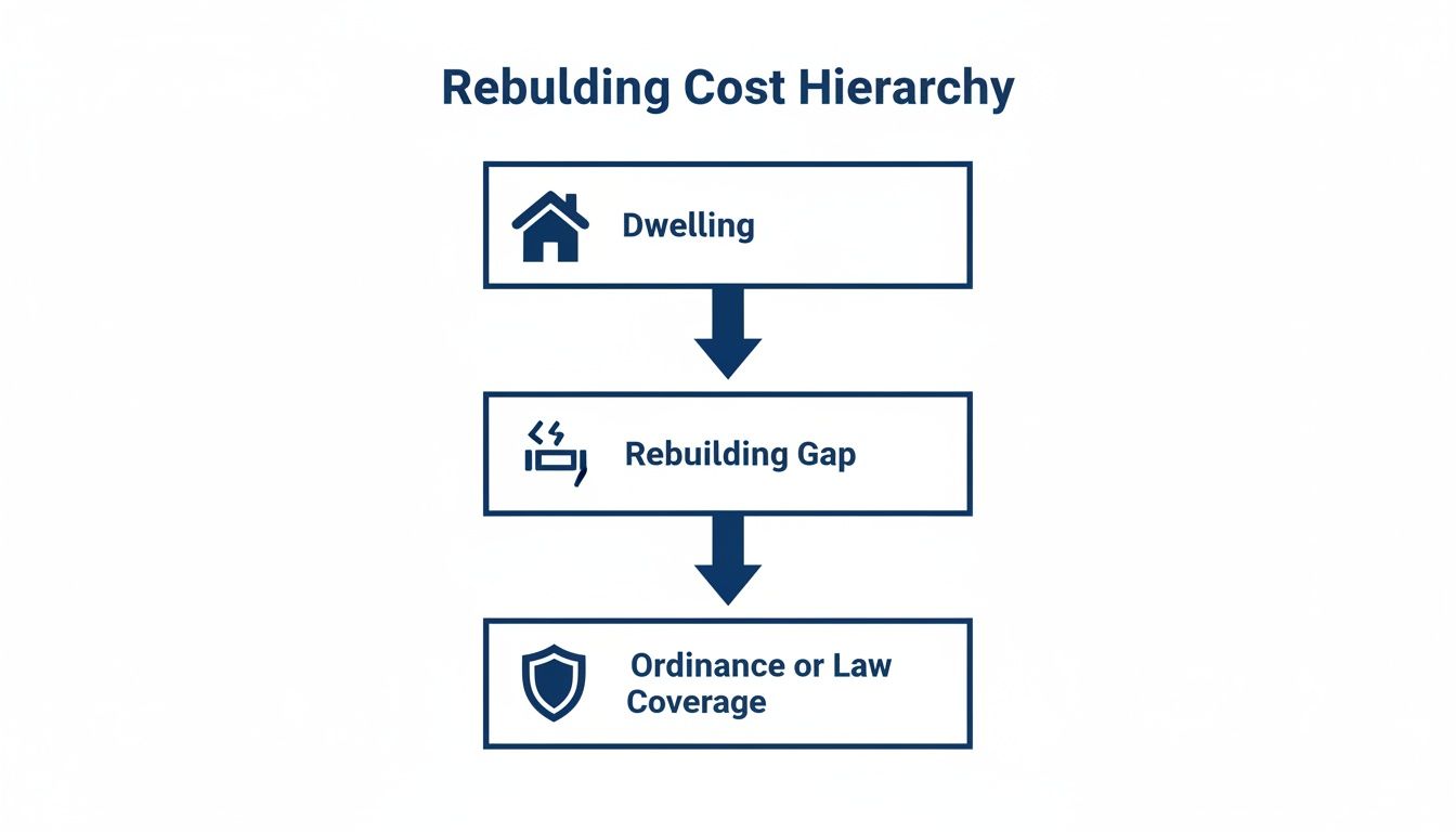 A flowchart illustrates the Rebuilding Cost Hierarchy: Dwelling, Rebuilding Gap, and Ordinance or Law Coverage.