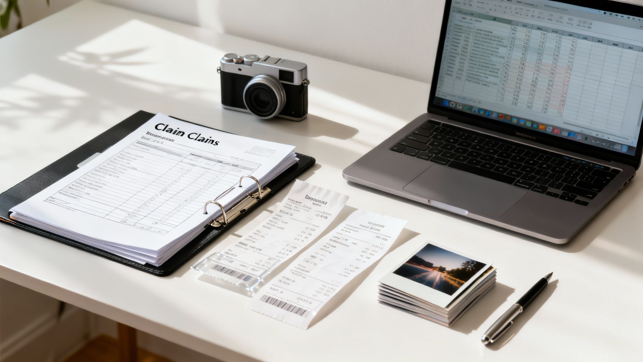 A bright office desk with a laptop, claim forms binder, receipts, camera, stack of photos, and pen.