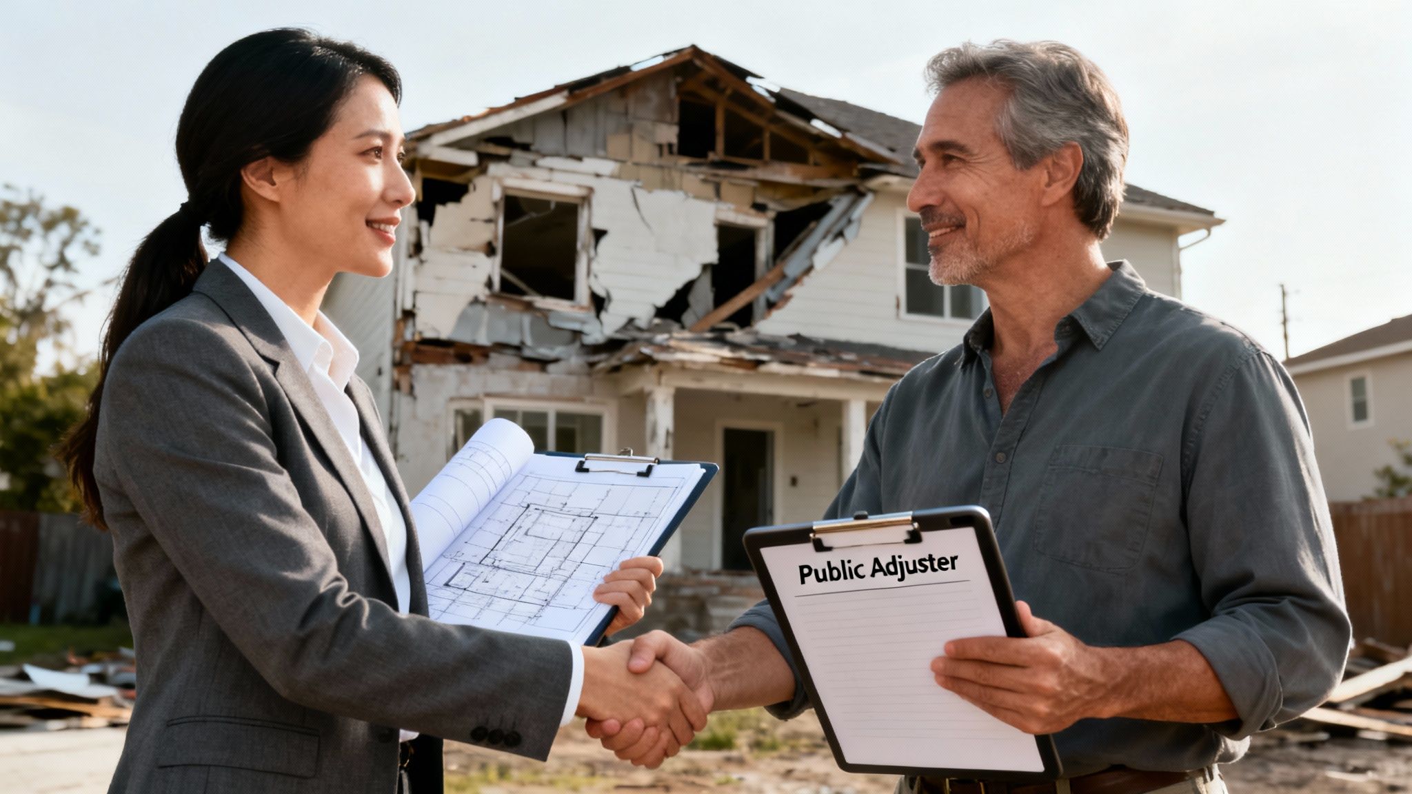 A female adjuster and a male public adjuster shake hands in front of a severely damaged house.