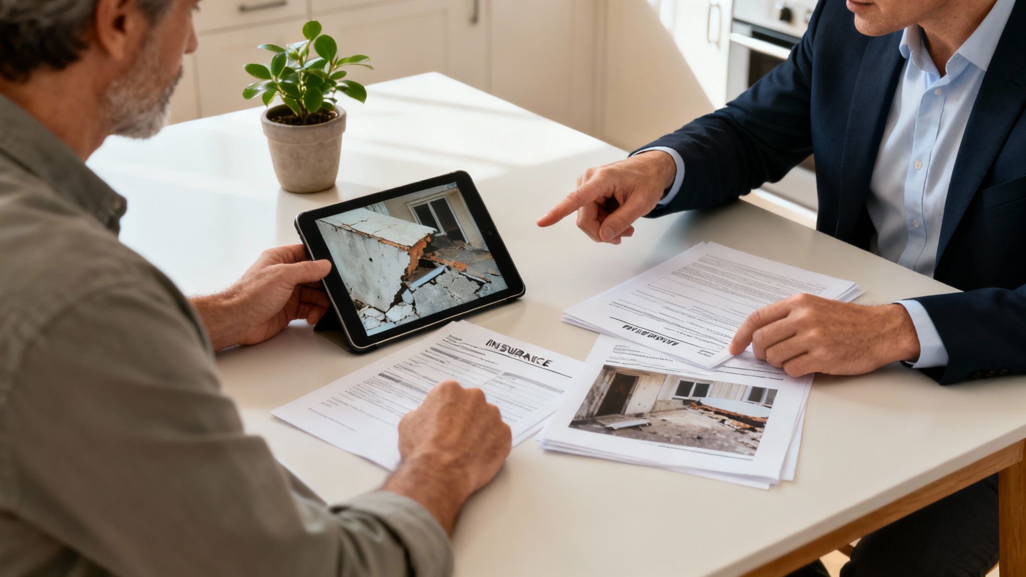 A public adjuster reviewing insurance documents with a homeowner after a wind damage claim. Should I hire a public adjuster?